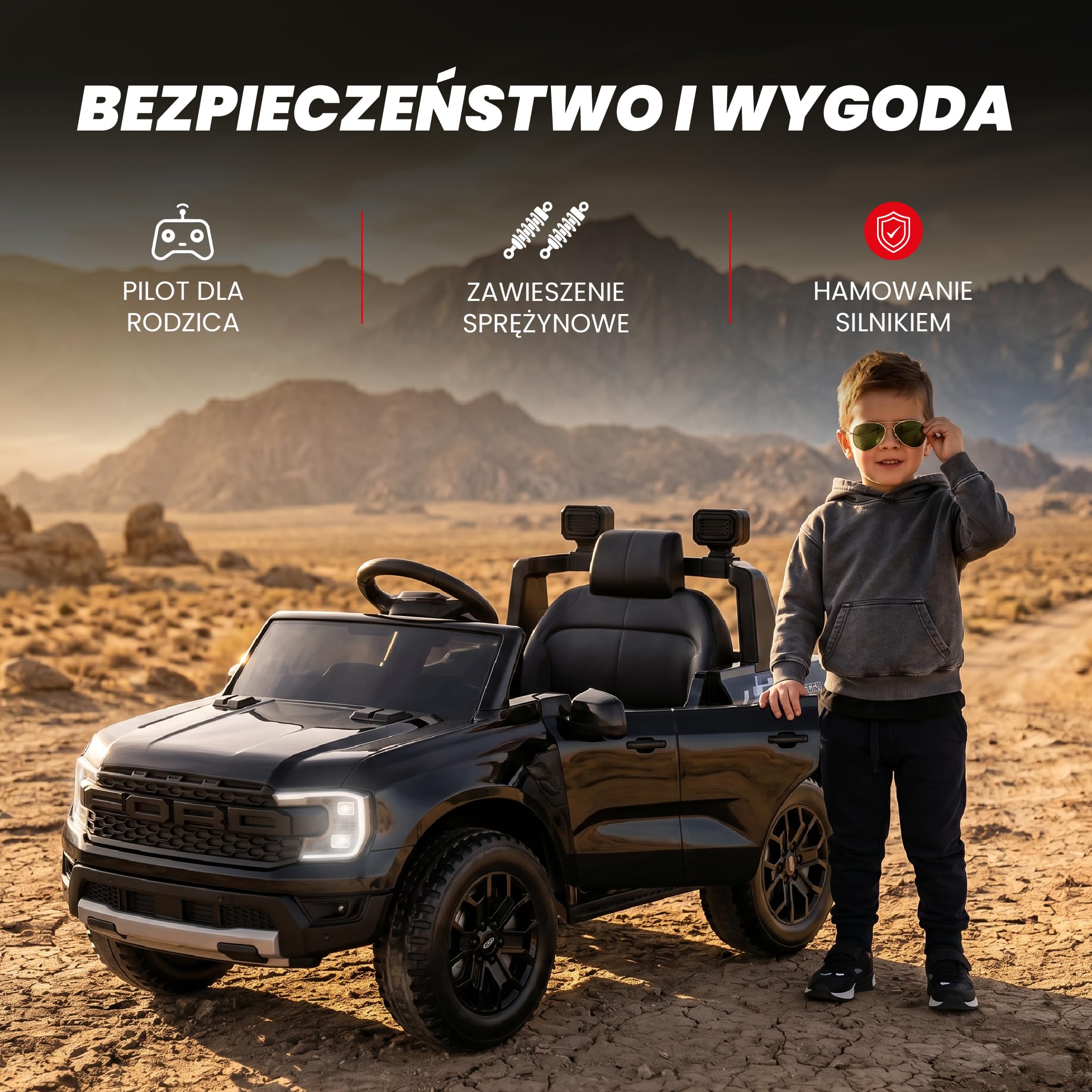 SUN BABY Ford Raptor - Auto na Akumulator dla Dzieci 3-6 Lat, Samochód Elektryczny 12V 4,5Ah, Pilot Zdalnego Sterowania, MP3, Światła LED, Amortyzatory - Czarny