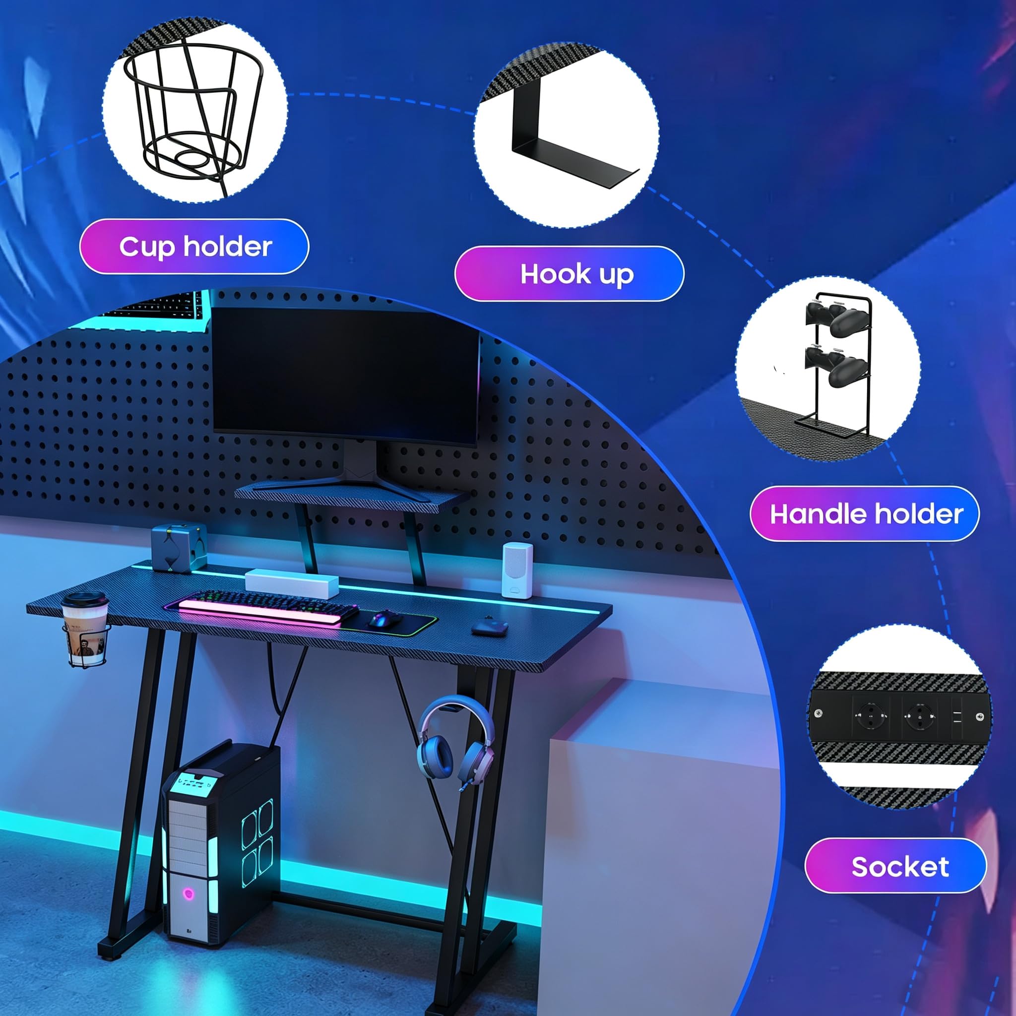Bureau Gaming LED, Table Gaming avec Prise Electrique, 2 Prises CA, 2 Ports USB, Table Gamer Ergonomique, avec Support de Moniteur