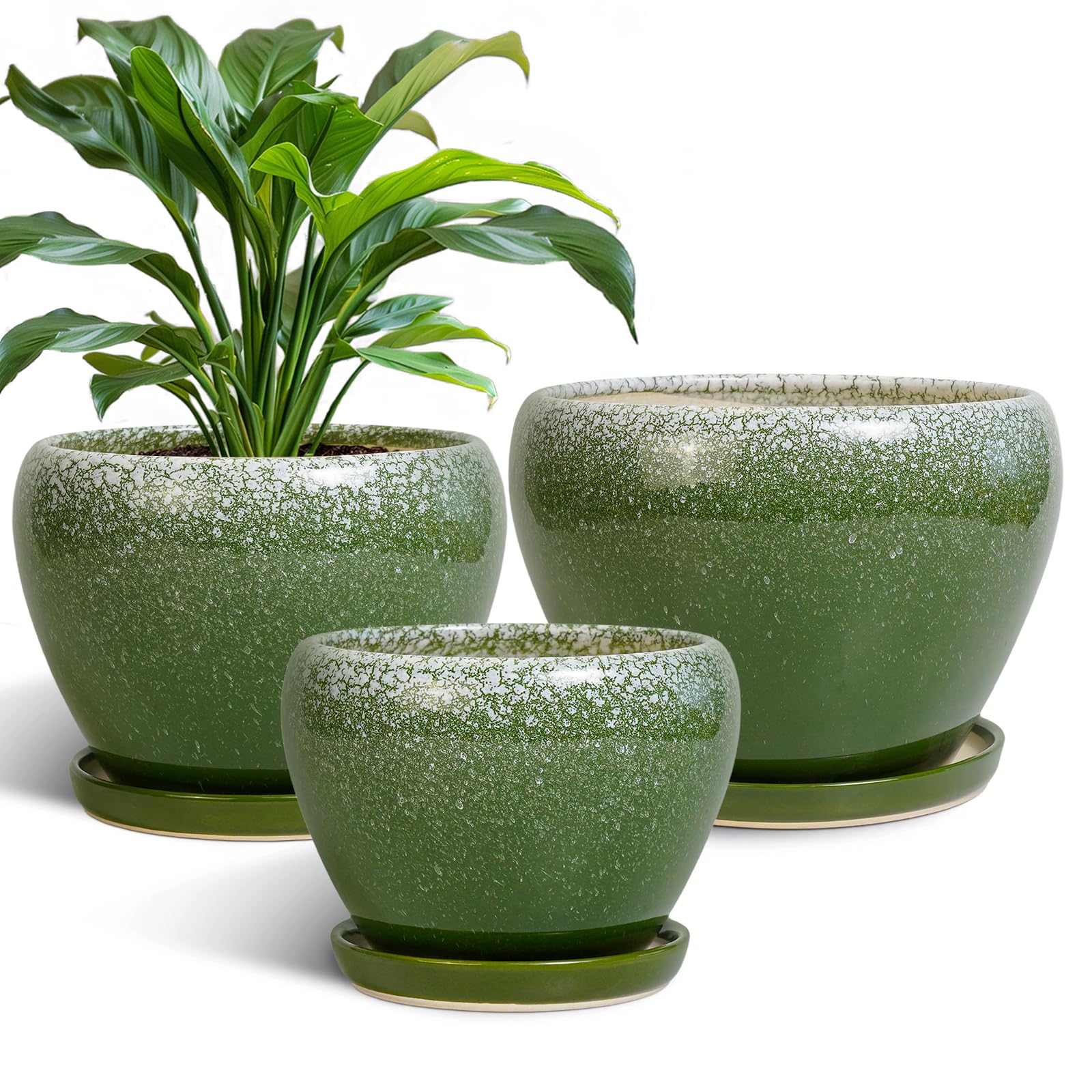 EPFamily Ceramic Pots for Plants, 10+8+6 Inch Round Decorative Planters for Indoor Outdoor with Drainage Holes and Saucers, Office Garden Room Patio