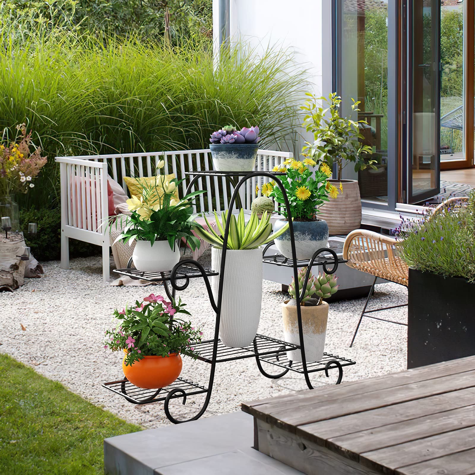 Yumyolk 6 Etagen Metall-Pflanzenständer, Blumenständer, Pflanzen Etagere, Blumenregal Blumentreppe für Wohnzimmer Innen Outdoor-Balkon Garten Terrasse, Pflanzentreppe schwarz Garten