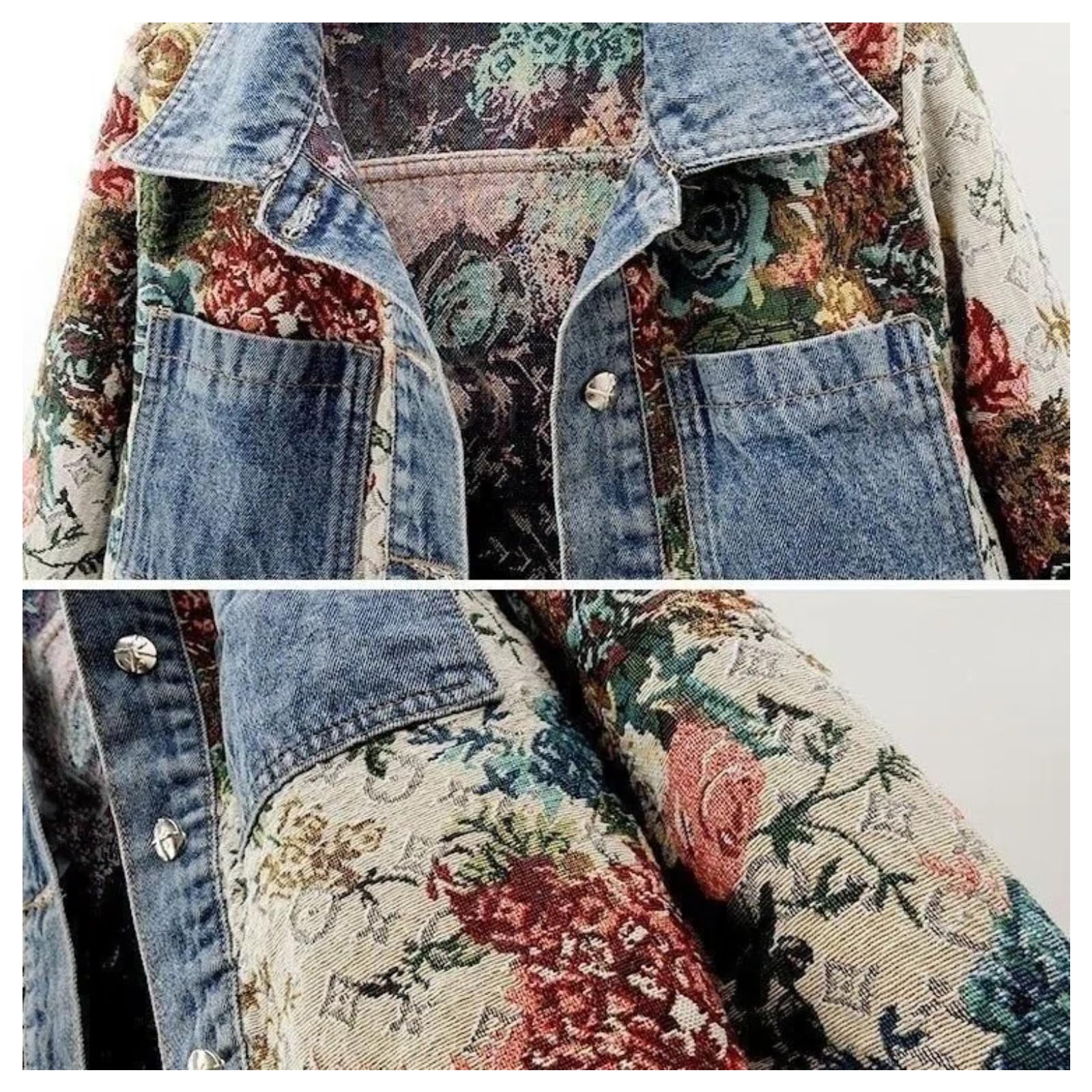 Damen Blumen Denim Jacke, Langärmelige Jacquard Vielseitige Jean Jacken, Floral Print Jeansjacke für Herbst