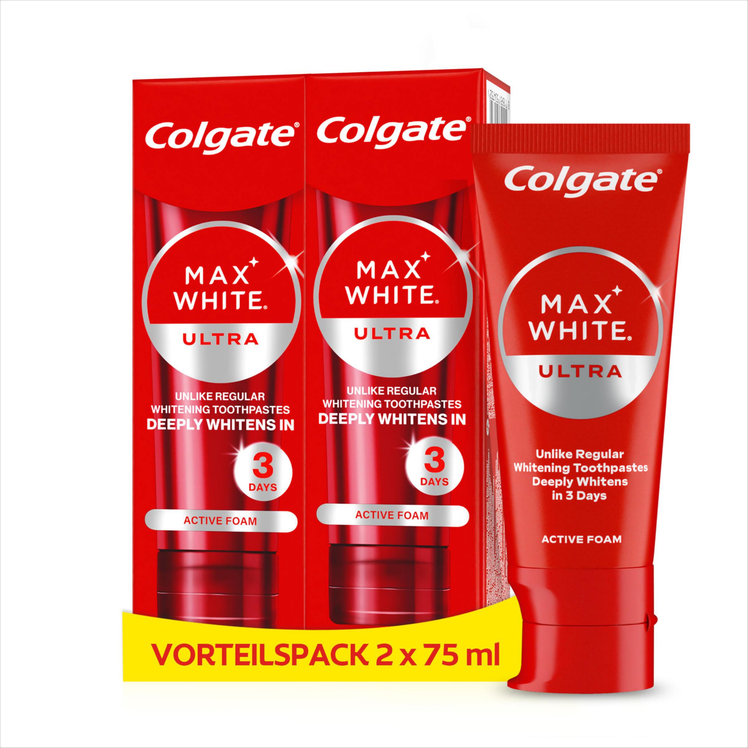 Colgate Zahnpasta Max White Ultra Active Foam, Für weißere Zähne, 2x 75 ml