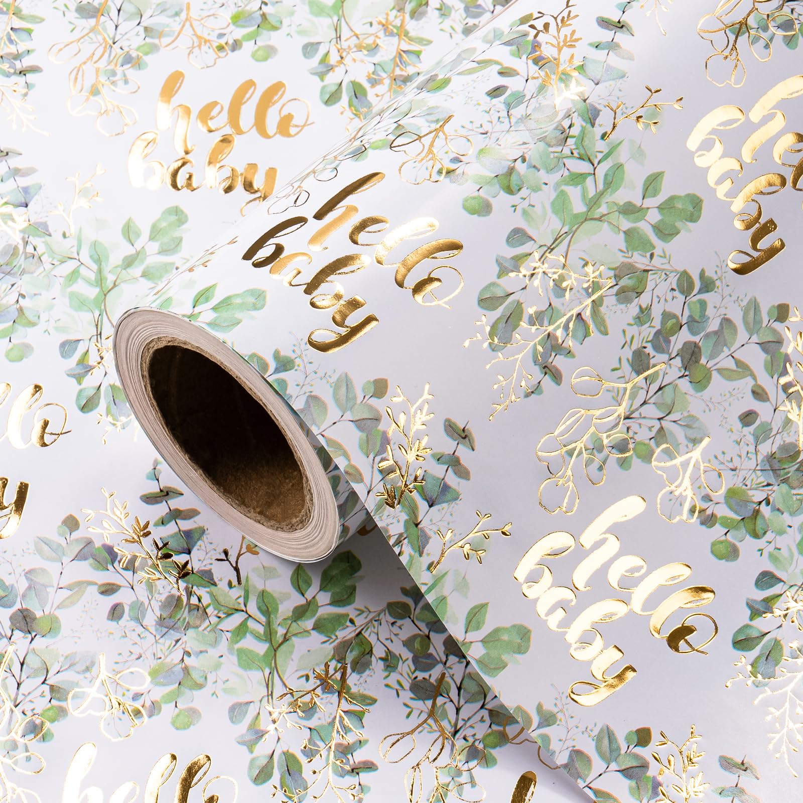 RUSPEPA Neutral Baby Shower Wrapping Paper Roll - Mini Roll - 43.2cm x 5m - Gold Foil Hello Baby Eucalyptus Sage Green Wrapping Paper for Baby Shower, Baptism Gift Wrap, Kids Birthday — image 1