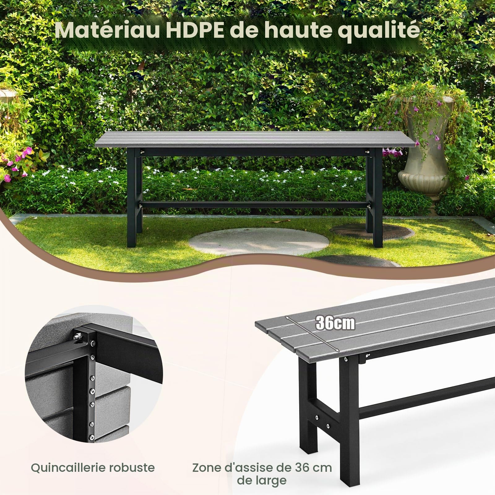 KOMFOTTEU Banc Jardin, Métal + HDPE, 2-3 Personnes, 120×36×40,5cm, Gris