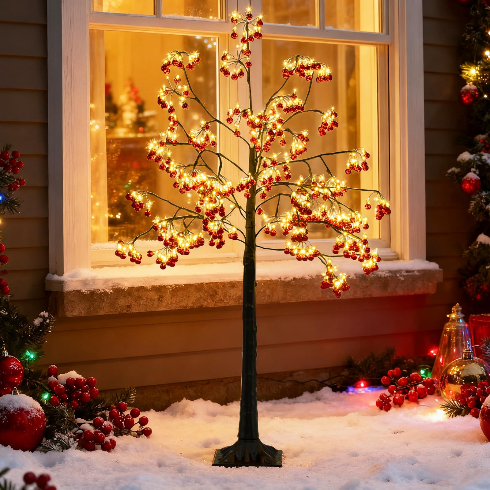 COSTWAY 150 cm Arbre Artificielle Lumineux, 384 Boules Rouges, Sapin de Noël, 480 LED Blanc Chaud, Branches Flexibles, Piquets de Sol, Noel Decoration Exterieur Interieur