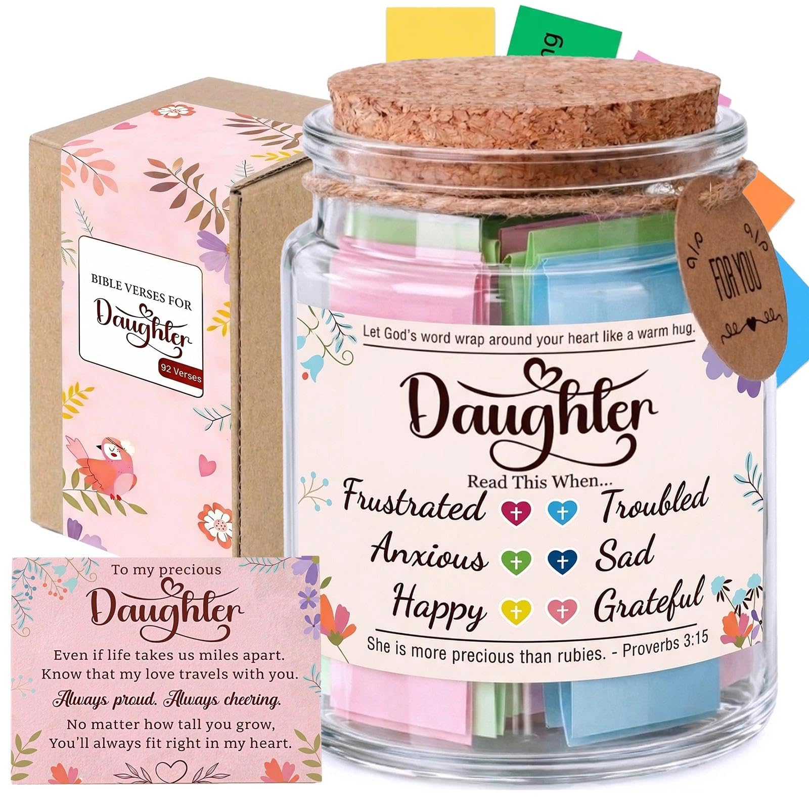 Giftgem Women's Daughter Gifts Bible Verse Jar 92 Scripture Cards With Chapter References, Christian Gift For Spiritual Encouragement Glass Jar, Colour-Coded Keepsake With Gift Box