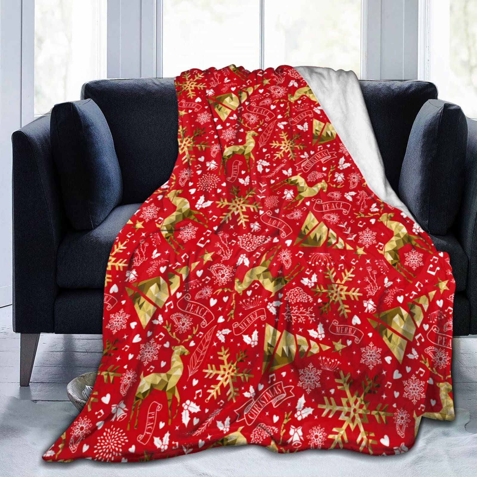 Lsjuee Christmas Golden Reindeer Throw Blanket Warm Cozy Blankets Lightweight Soft Cozy Flannel Winter Holiday Blanket for Sofa Couch Bed Office Xmas Gift 80"X60"