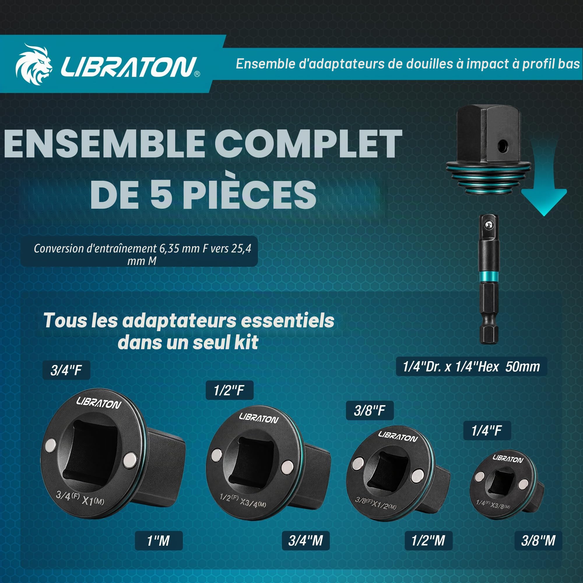 LIBRATON Jeu d'Adaptateurs à Douille Impact Profil Bas Magnétique 5pcs