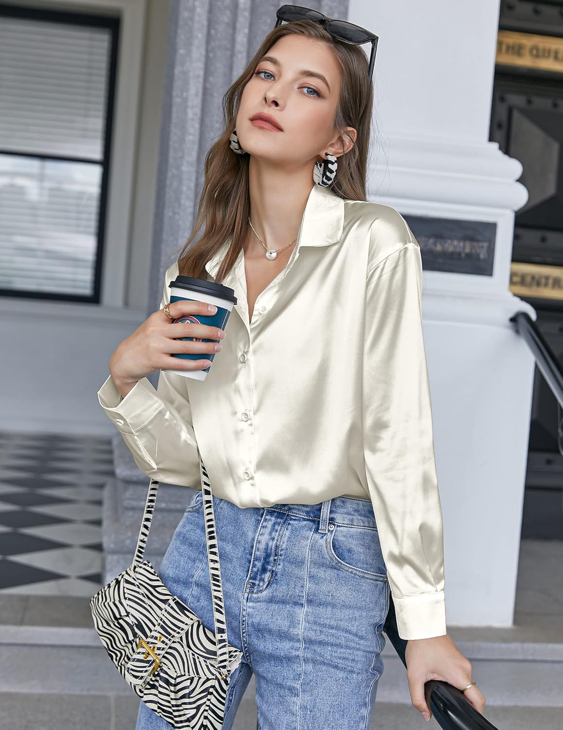 Chigant Women's Blouse Satin Silk Shirts Button Down Shirts Casual Loose Long Sleeve Office Work Tunic Tops - Image 3