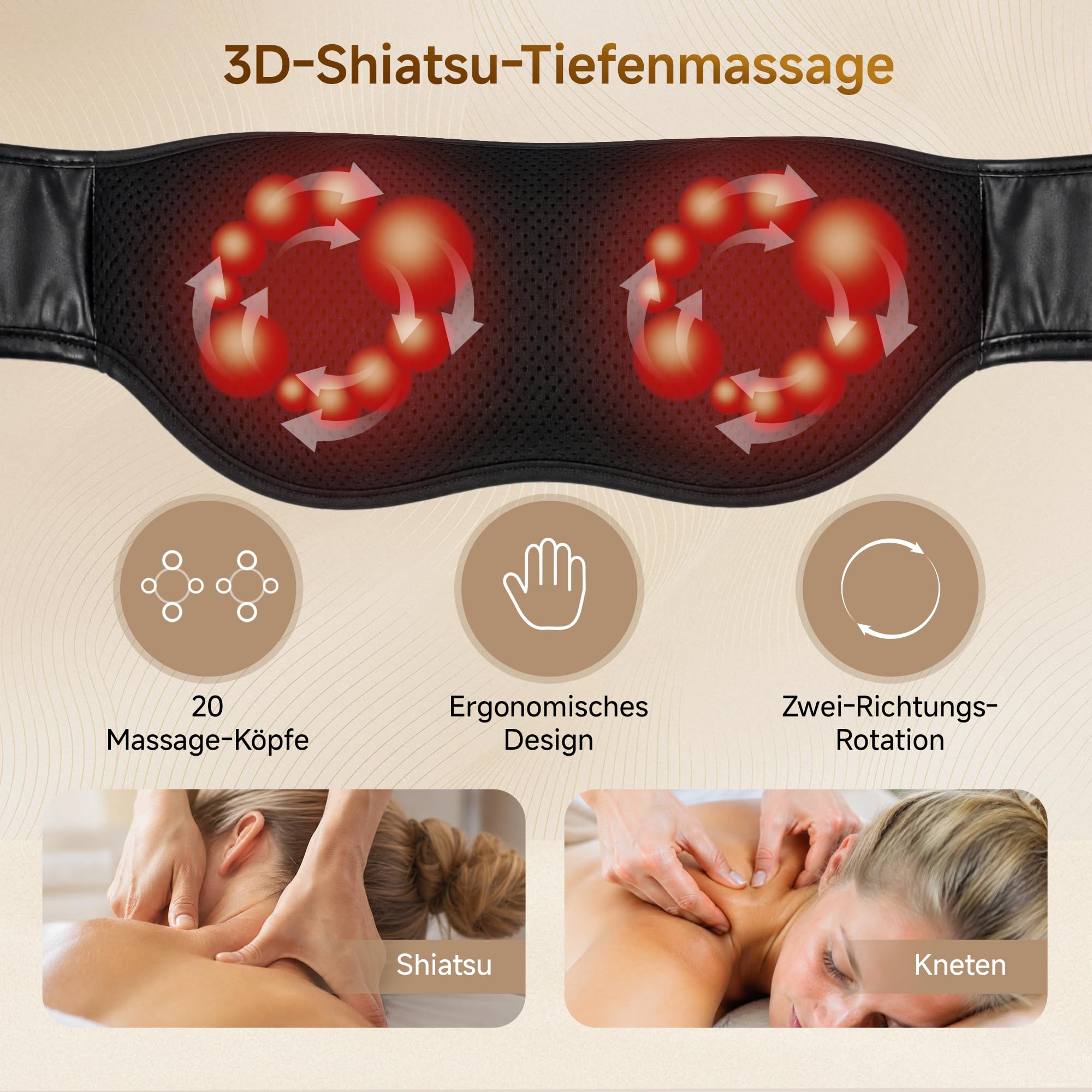 Real Relax Nackenmassagegerät mit Wärme, 3D Shiatsu Massagekissen für Nacken, Schulter, Rücken, Beine, 3 Intensitäten, Tragbar für Zuhause Büro, Geschenk für Frauen Männer - Schwarz