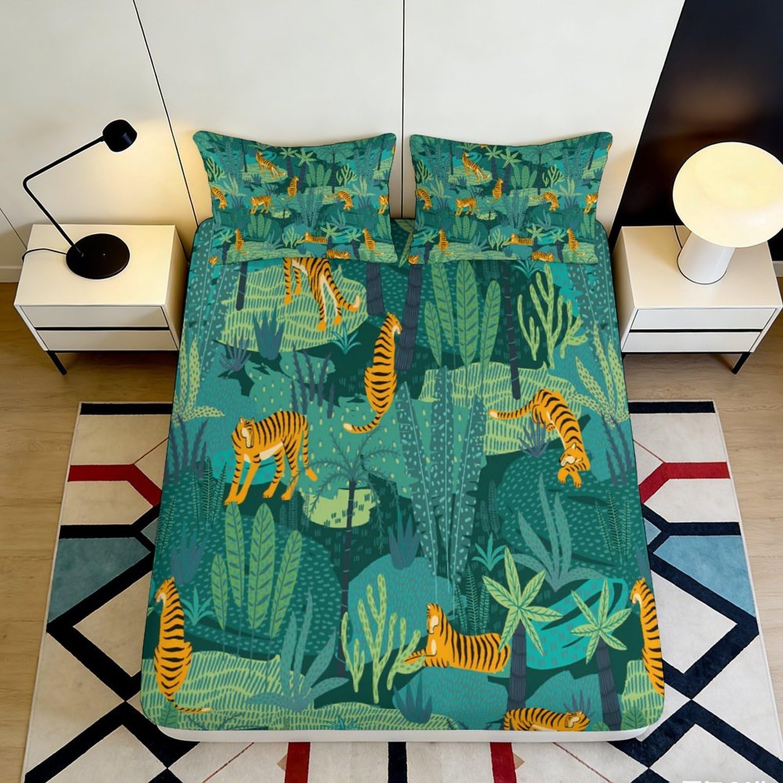 3D Printed Jungle Tiger Fitted Sheet Microfiber Soft Anti-Slip Mattress Cover for Bedroom Dorm Apartment, Machine Washable 200x200x25cm
