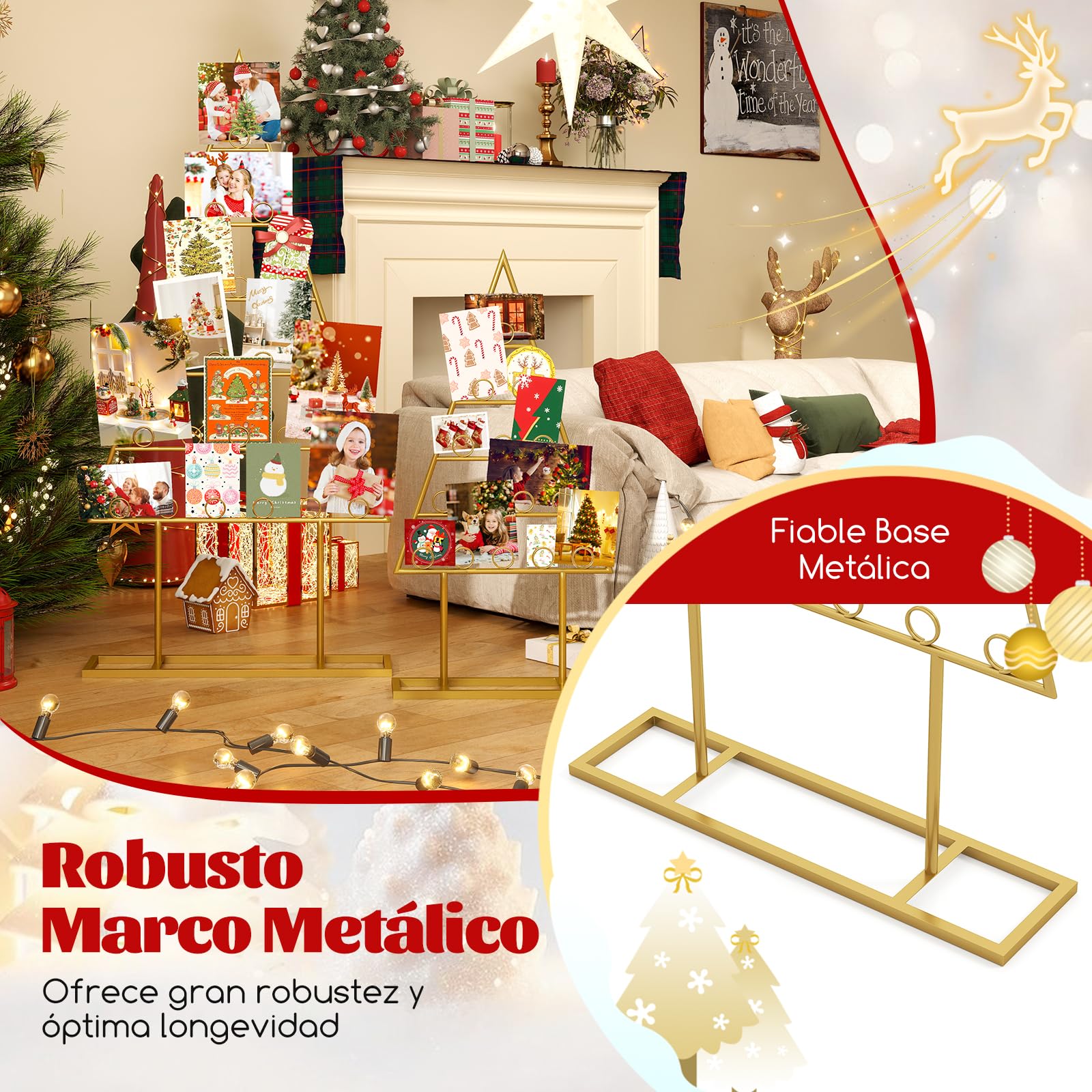 COSTWAY 2 Set Árbol de Navidad para Decoración, Árbol de Navidad de Metal con 36 Clips Redondos para Tarjetas, Fotos y Luz Navideño, Marco de Fotos para Decoración Navideña, Casa Oficina, Dorado