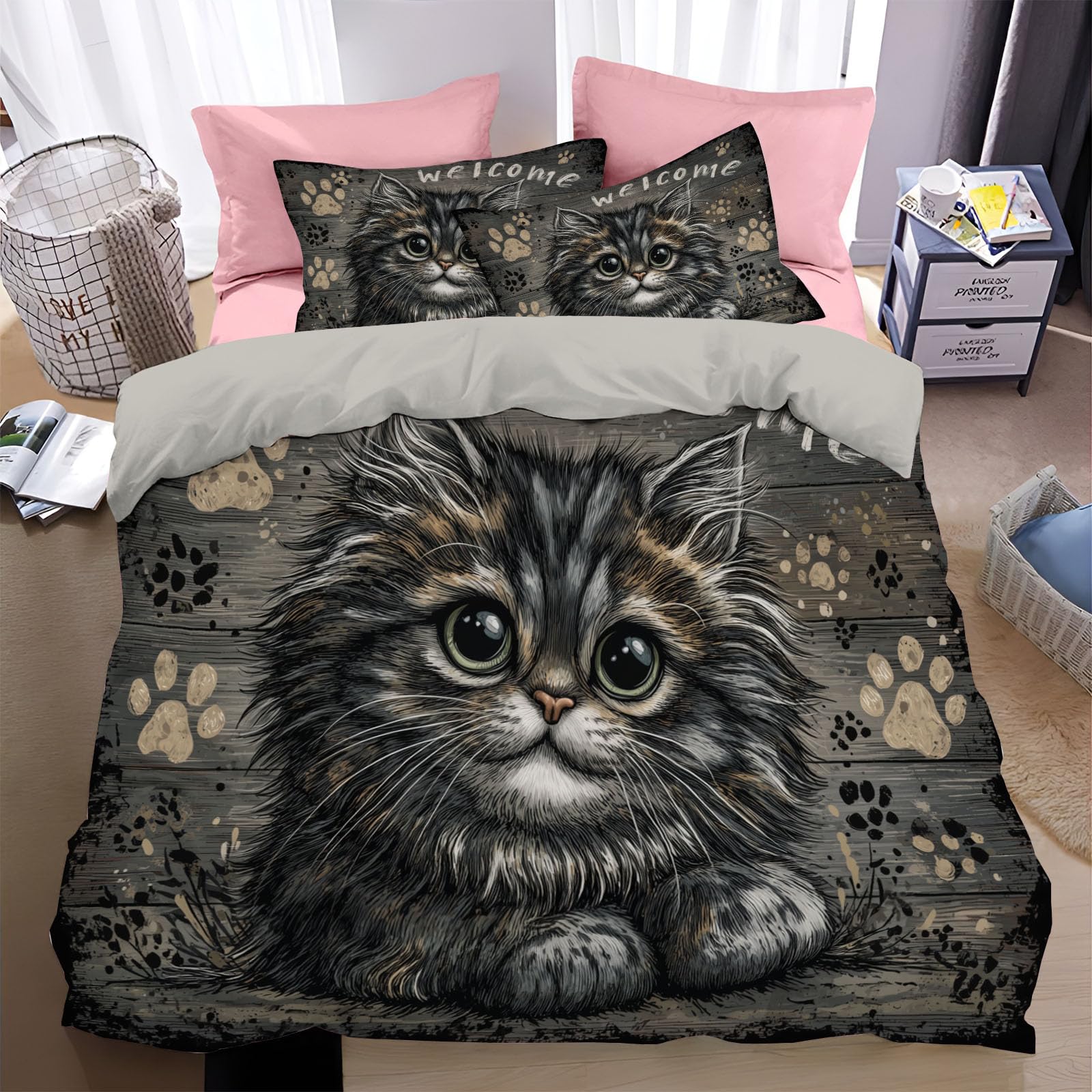 Housse de couette 3D Bienvenue Chat ! la douceur d'un nid douillet réversible en microfibre