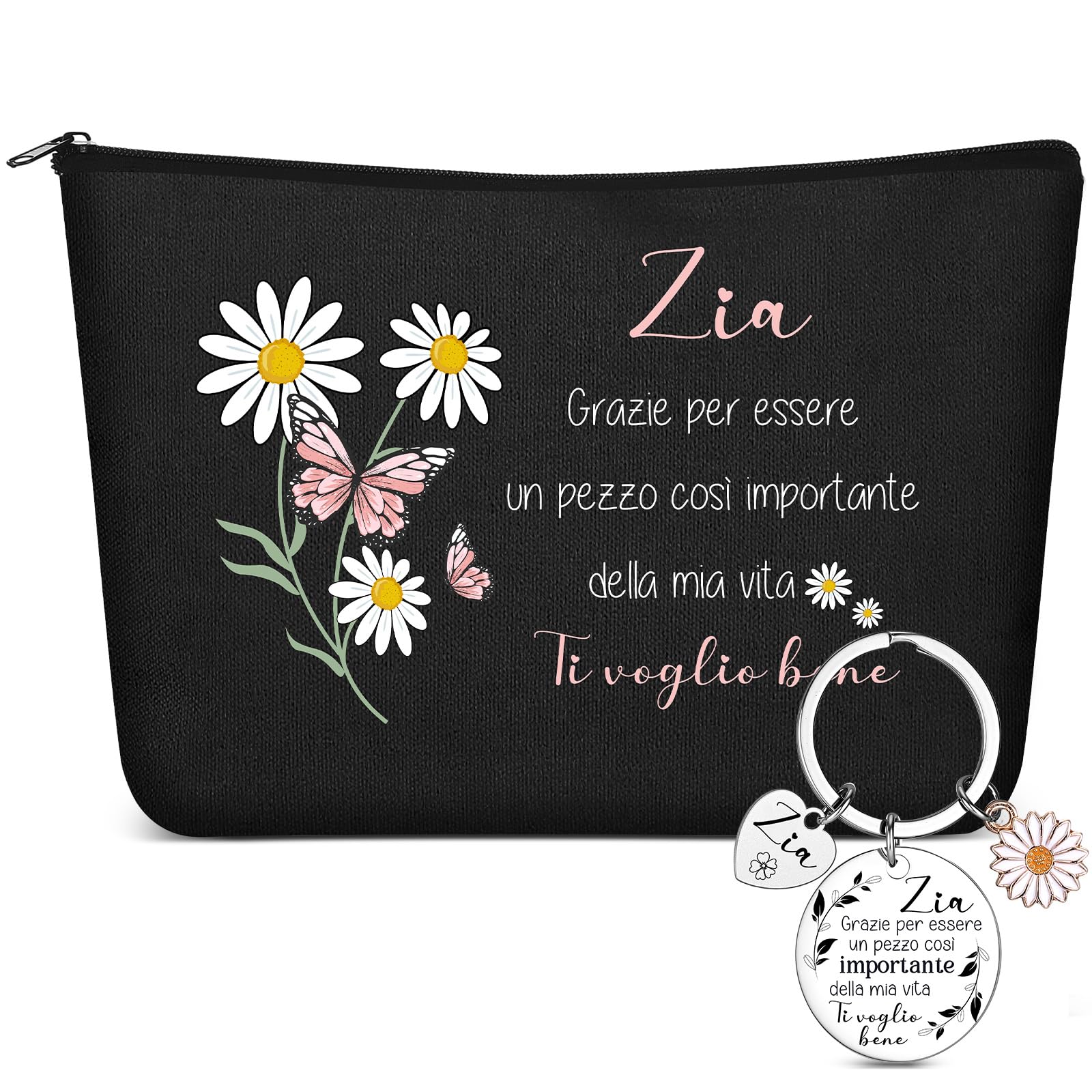2 Pezzi Regalo per Zia Pochette Portatrucchi Portachiavi Ciondolo per Zia Compleanno Trousse per Cosmetici Borsa da Trucchi Floreale Regalini da Nipote per Donna Festa Natale(Nero)