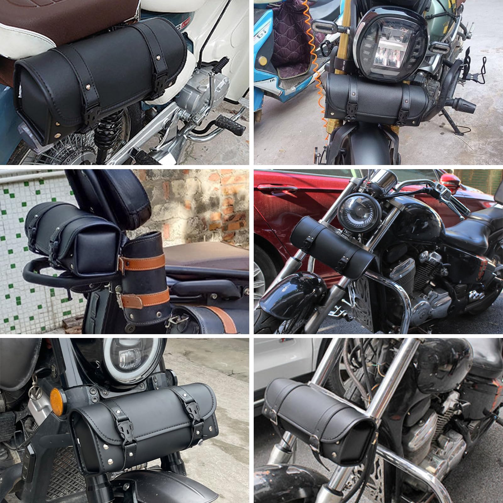 Torba na narzędzia motocyklowe, ze skóry PU, wodoszczelna czarna torba w stylu retro, torba na kierownicę z 2 regulowanymi paskami, na kierownicę, widelec i ramę