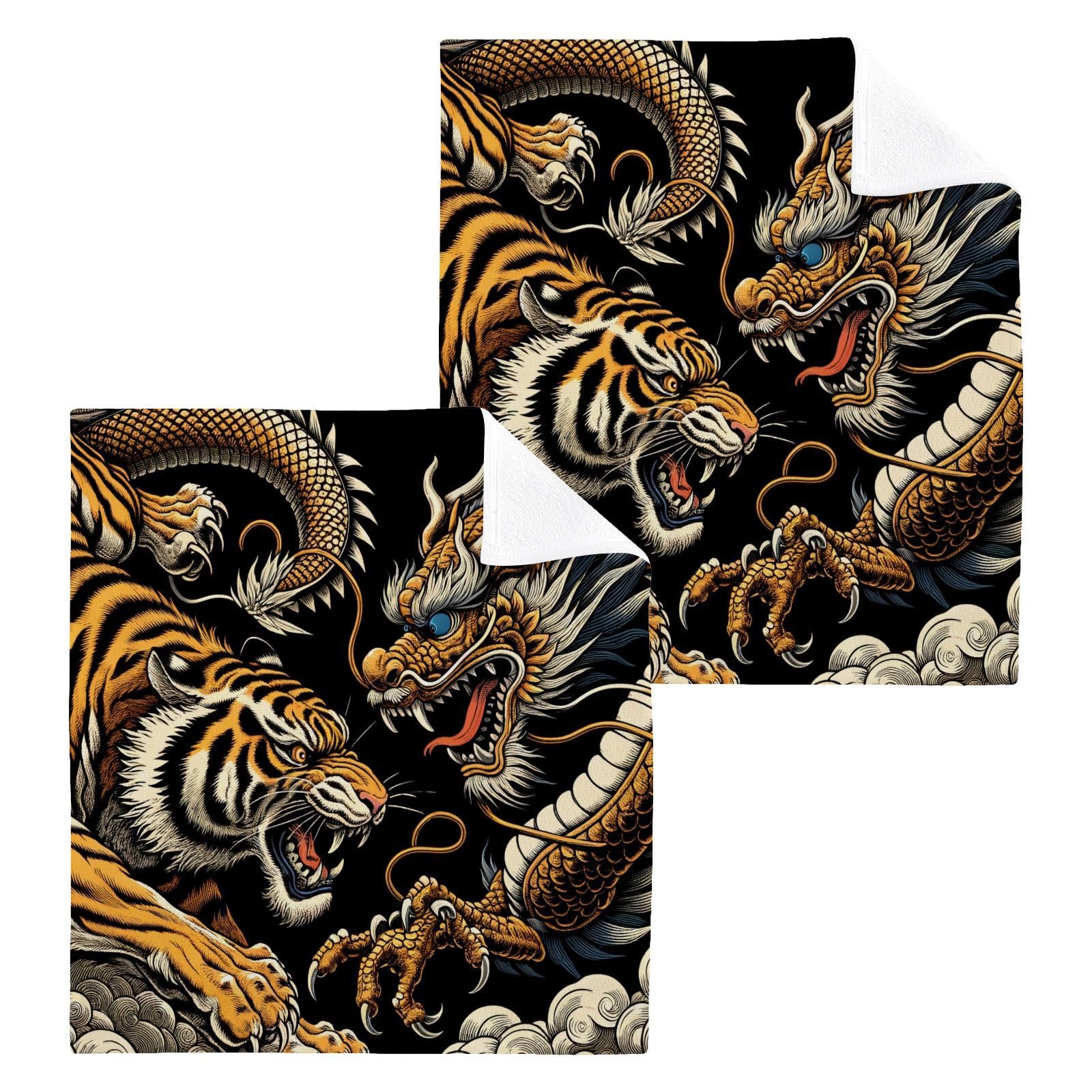 YANENDIE Dragon Tiger Fighting Washcloths Towels, Highly Absorbent and Soft Cotton Face Cloths, 2 Pack Quick Dry Wash Cloths - 12 X 12 Inches