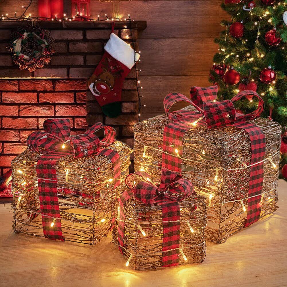Shatchi Brown Light Up Christmas Parcels Pre-Lit Battery Operated Led Glitter Sisal/Rattan Xmas Presents Holiday Home Novelty Decorations Set Of 3 – Gold/Red/Cream/Tartan, 25Cm/20Cm/15Cm