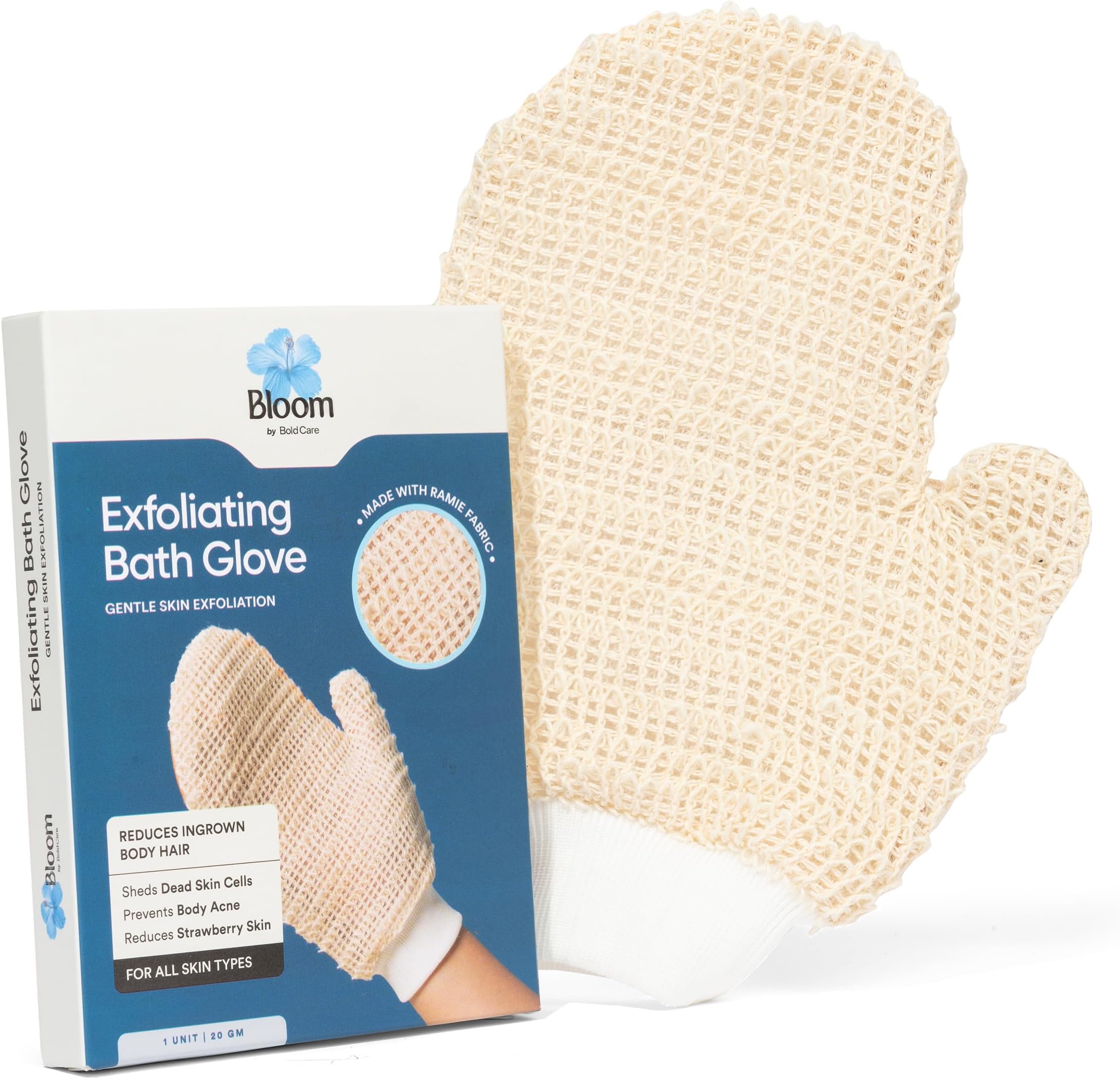 Bloom Exfoliating Bath Glove | (1 glove) | Exfoliating Gloves to Reduce Ingrown Hair & Strawberry Legs | 100% Ramie Fabric | Gently Removes Dead Skin Cells | For Sensitive Skin