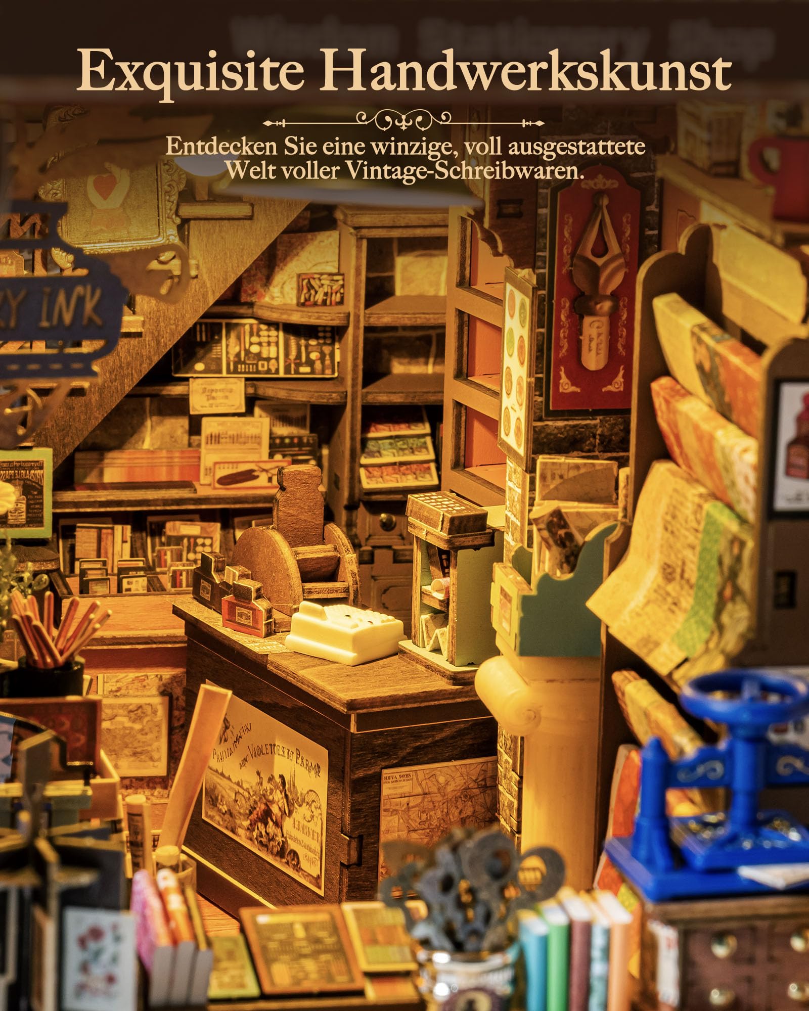 Rolife Wisdom Stationery Shop Book Nook Kit für Erwachsene mit Licht | DIY Miniaturhaus Ohne Kleber, 194-teiliges 3D-Puzzle, Booknook Library Buchstütze Basteln als Haus Dekoration Geschenkidee