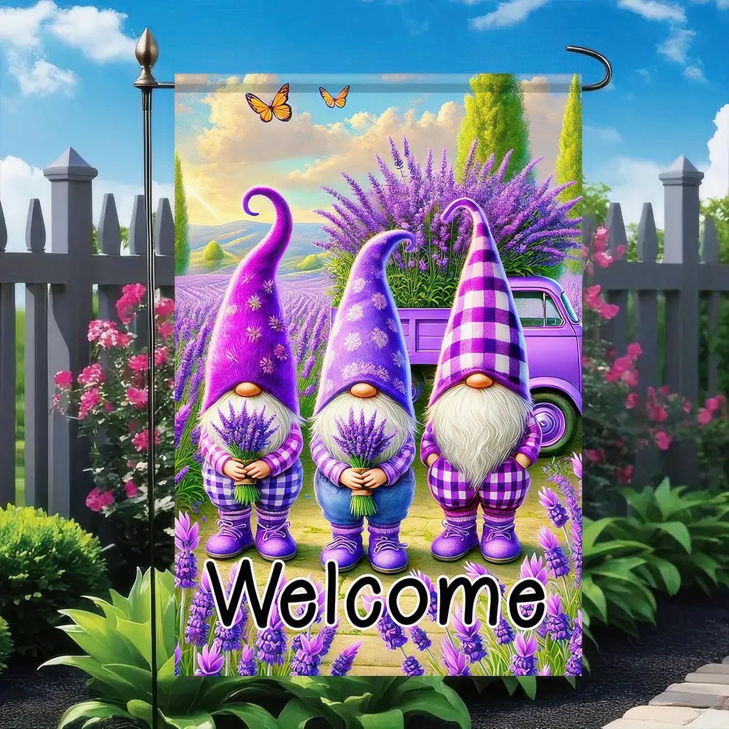Welcome Garden Flag Spring Summer Garden Flag 12x18 Inch Double Sided Flags Purple Gnome Lavender Farmhouse Rustic Yard Lawn Porch Outdoor Decor Banner - Image 3