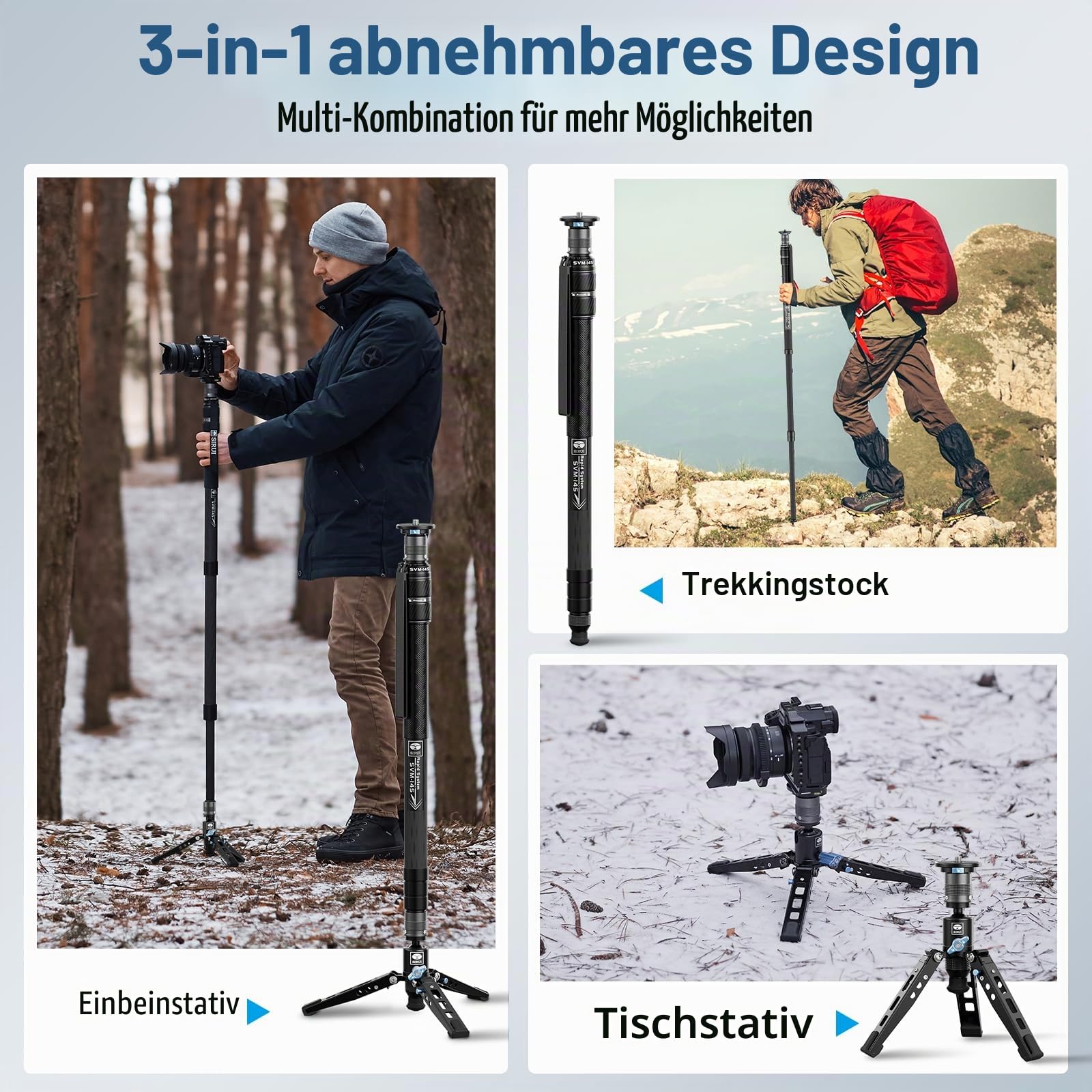 SIRUI SVM-145 Carbon Fiber Monopod mit Rapid System | 3-in-1 Modulares Einbeinstativ, 145cm, 10kg Traglast | Schnellverstellung & Schnellwechsel für DSLR & Video