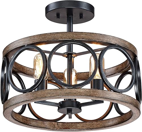 Miniatura 2 de Franklin Iron Works Salima - Lámpara de techo rústica de granja, semiempotrada, LED, círculo negro, acabado de madera, grano de 16 pulgadas de