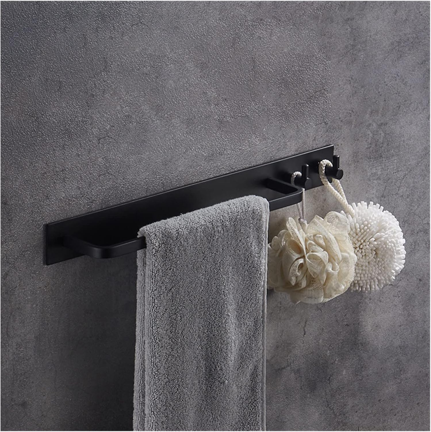 Black Towel Hanger with Hooks Wall Mounted, Bathroom Towel Bar Rail Towel Holder, Aluminum Towel Ring, Towel Rack