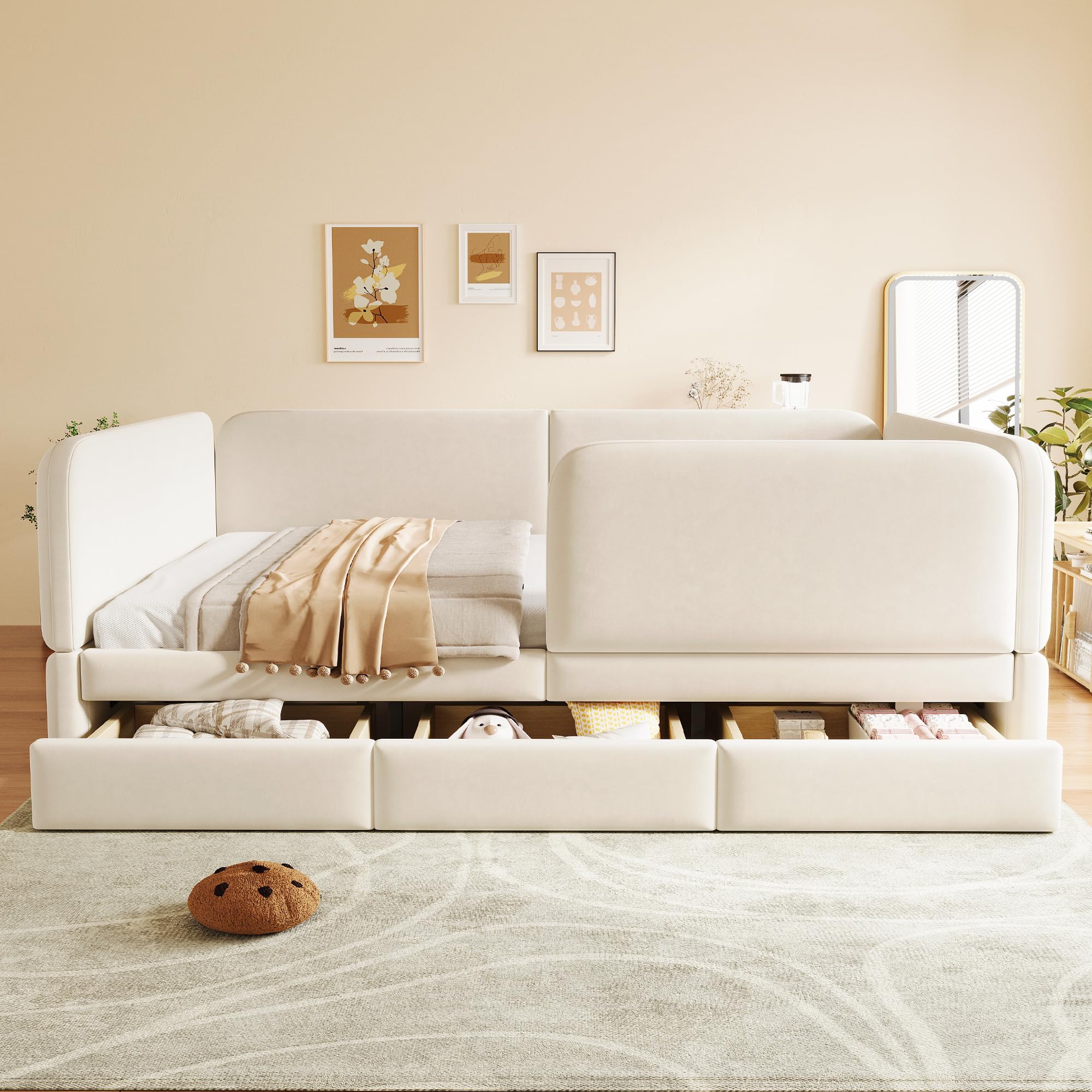 Letto Imbottito 140x200 con Bordo Interamente Imbottito Letto Matrimoniale con Cassetti Integrati Struttura Matrimoniale con Angoli Arrotondati con Telaio Basso Abitazione Beige
