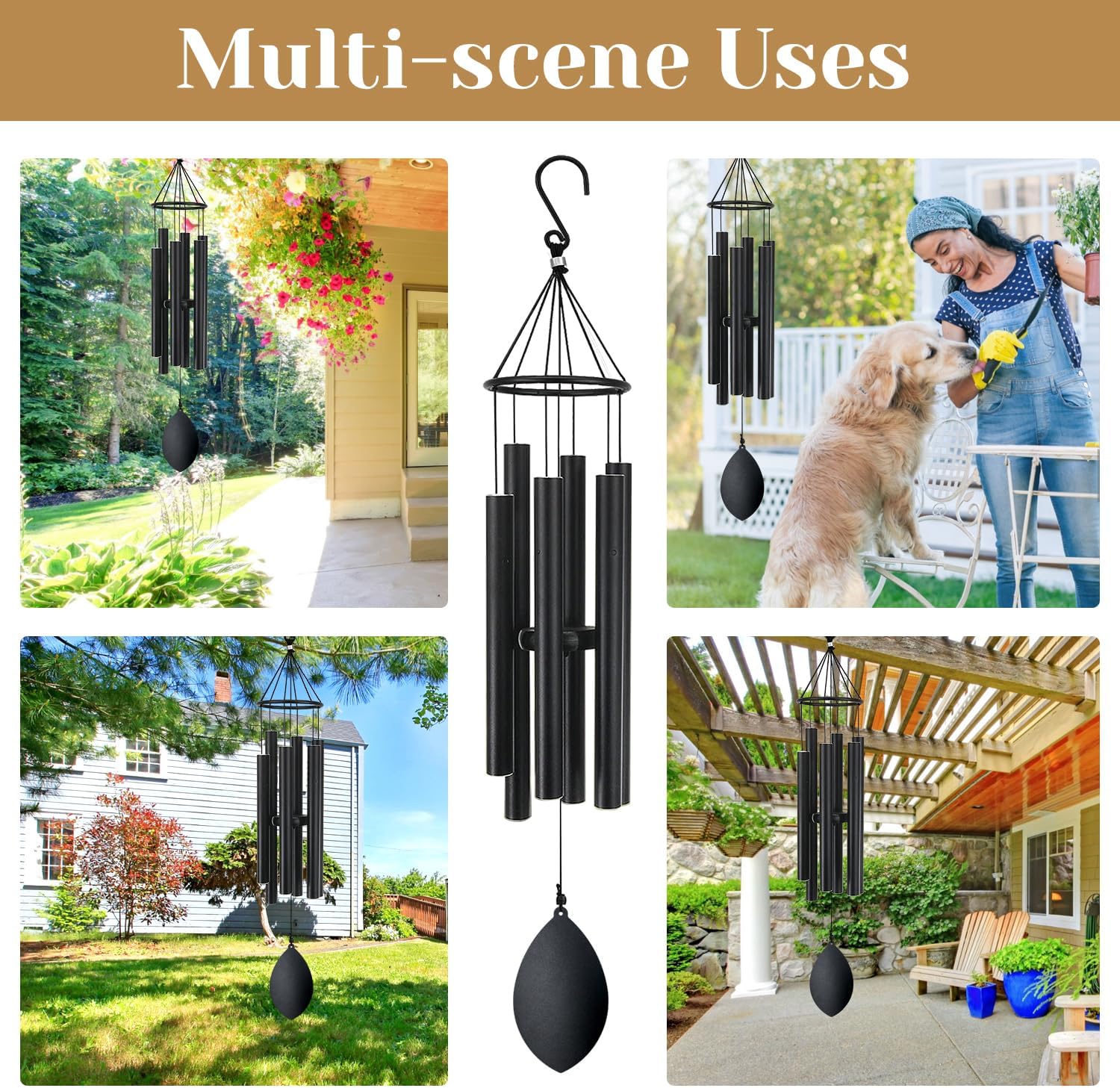 Wind Chimes for Outside Deep Tone, 30 Inch Wind Chimes Outdoor with 6 Tuned Aluminum Tubes, Memorial Wind Chimes for Mother's Day Christmas, Decor for Yard, Patio, Porch, Black