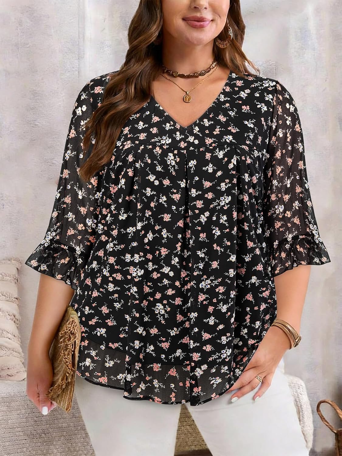 Amrto Plus Size Tops for Women Chiffon Ruffle 3/4 Sleeve Tunic Chiffon Blouses V Neck Casual Shirts XL-5XL - Image 2