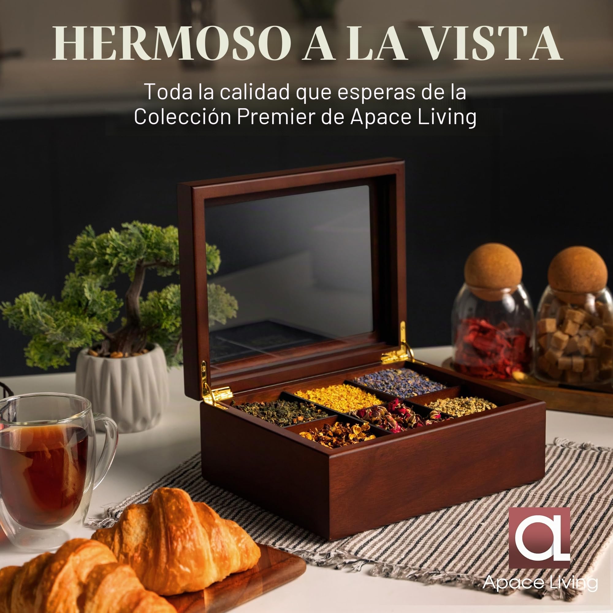 Apace Living Caja de té de madera de lujo – 6 compartimentos para guardar bolsas de té – Caja de té hecha a mano con ventana resistente a los arañazos – Elegante caja de almacenamiento para bolsas de