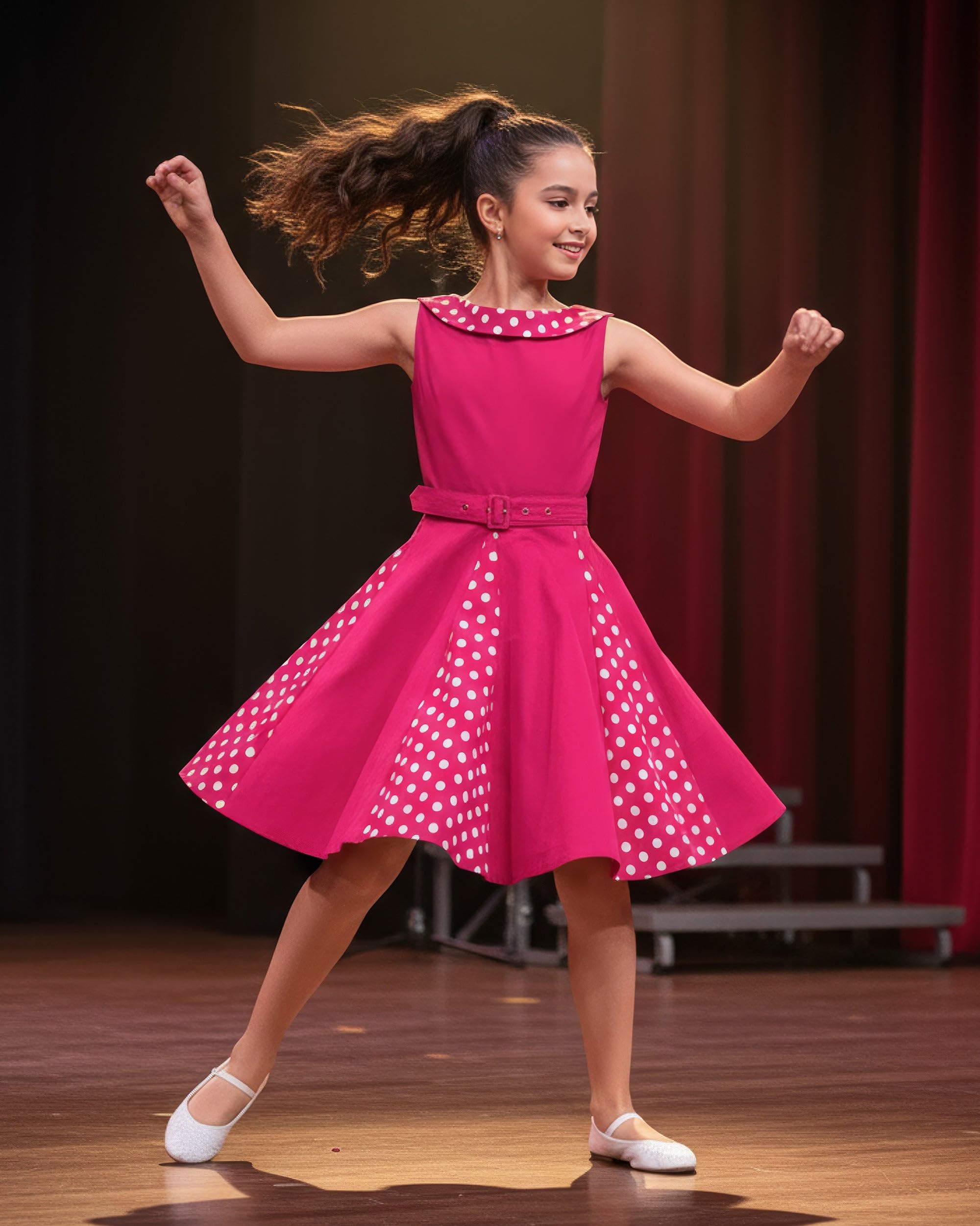 BlackButterfly Mädchen Kleid Alexia Punkte | Tellerrock, U-Boot-Ausschnitt, Kontrasteinsatz Am Rock, Gefüttert, Reißverschluss Hinten, Gürtel, 3-14 Jahre