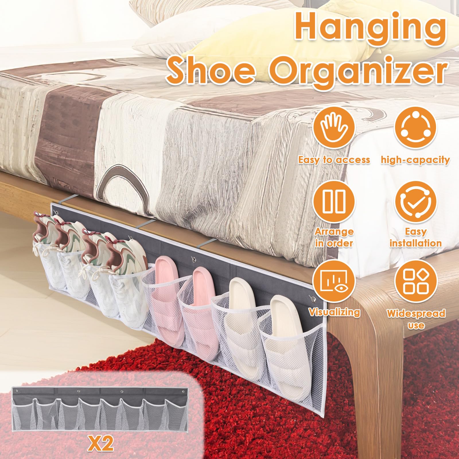 KTZCTPCA 2 Pack Bedside Hanging Shoe Organizers, 8 Large Mesh Pockets with 4 Hooks Shoes Boots Organizer, RV Shoe Storage Pockets Space Saving, Closet Organizers for Caravan Bathroom Bedroom Closet