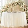 Wish Care Light Champagne Tulle Tablecloth Fitted 48 Inch Round Tables Ruffle Spandex Round Table Cloth Tutu Skirt Wrinkle Free Stretch Tulle Table Cover for Wedding Birthday Baby Bridal Shower Party