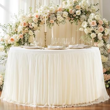 Wish Care Light Champagne Tulle Tablecloth Fitted 72 Inch Round Tables Ruffle Spandex Round Table Cloth Tutu Skirt Wrinkle Free Stretch Tulle Table Cover for Wedding Birthday Baby Bridal Shower Party