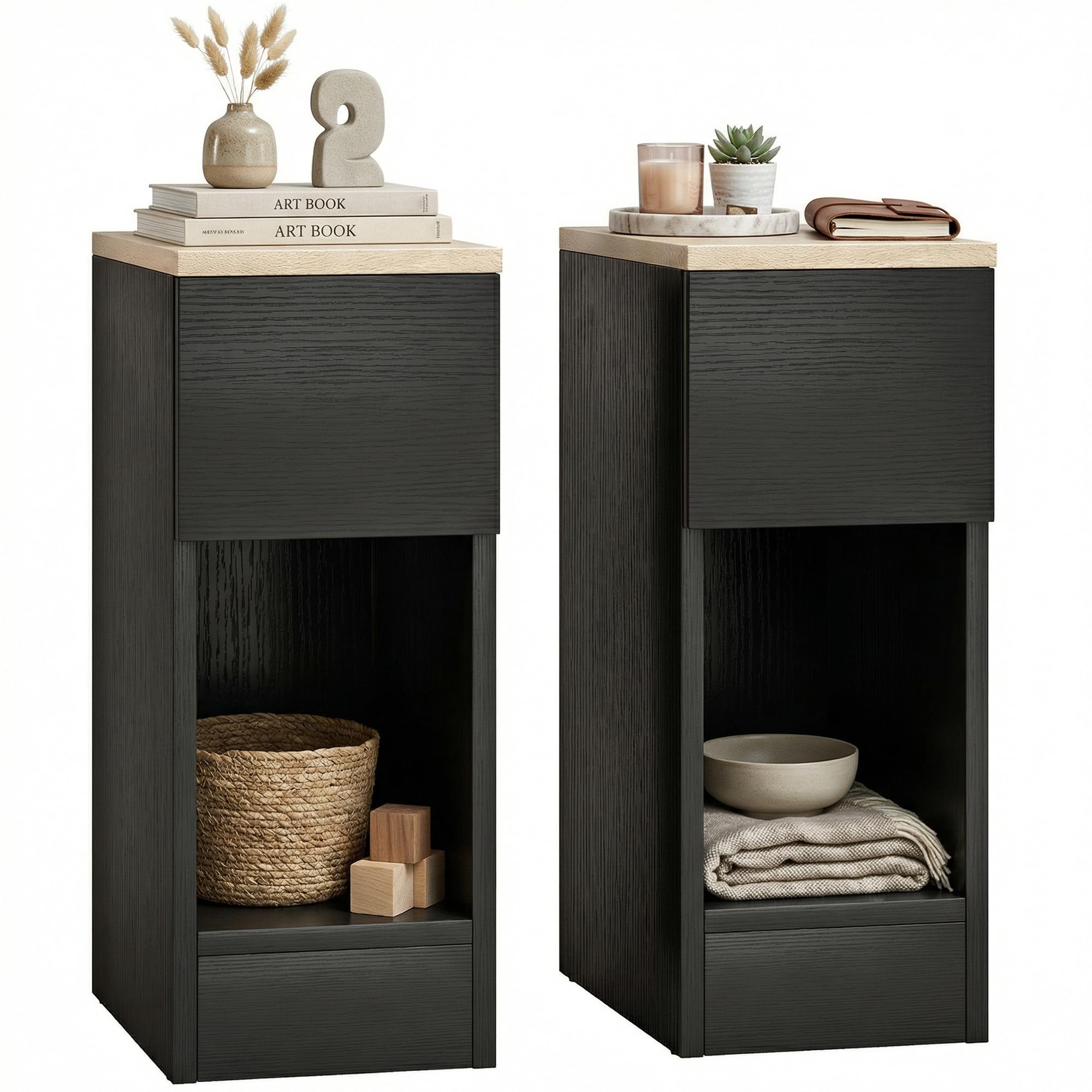 HOMCOM Bedside Tables Set of 2, Modern Side Tables with Drawer and Shelf, Nightstands for Bedroom, Living Room, Black