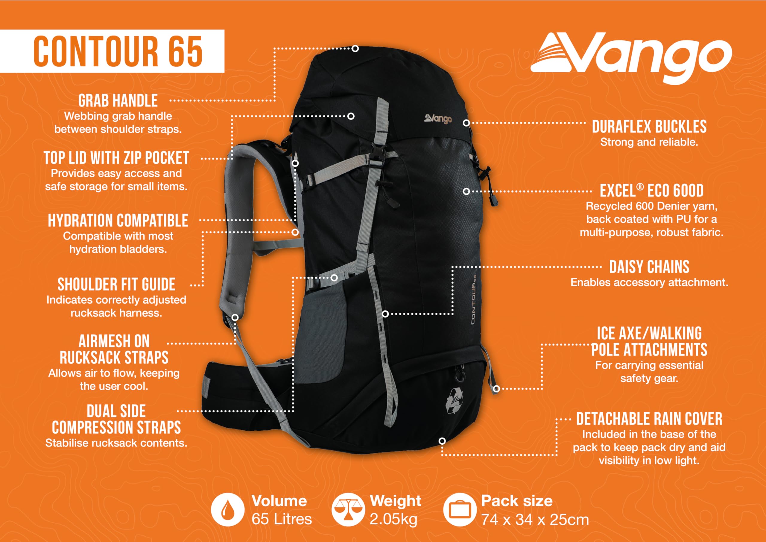 Vango Contour - Mochila de senderismo (65 l), color negro, Negro, Talla única