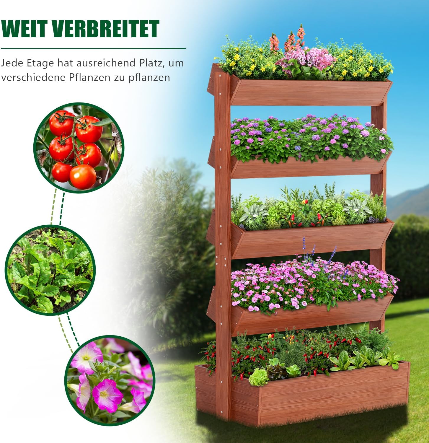 SUNYRISY Holz Hochbeet Vertikalbeet Premium Blumenkasten Balkon, 5 Etagen Outdoor Blumentreppe Pflanztreppen Gemüsebeet Kräuterbeet Mit Etagen, Balkon Garten Terrasse Dekoration 