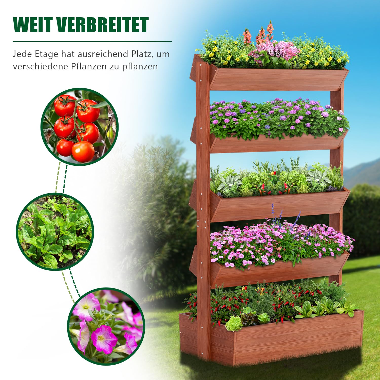 SUNYRISY Holz Hochbeet Vertikalbeet Premium Blumenkasten Balkon, 5 Etagen Outdoor Blumentreppe Pflanztreppen Gemüsebeet Kräuterbeet Mit Etagen, Balkon Garten Terrasse Dekoration