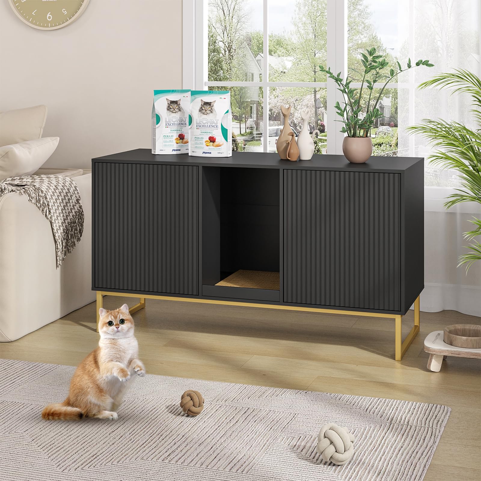 FiveWillowise Kitty Litter Box Enclosure for 2 Cats, Small Hidden Cat Litter Box Furniture with Scratch Pad, Modern Fluted Double Litterbox Cabinet TV