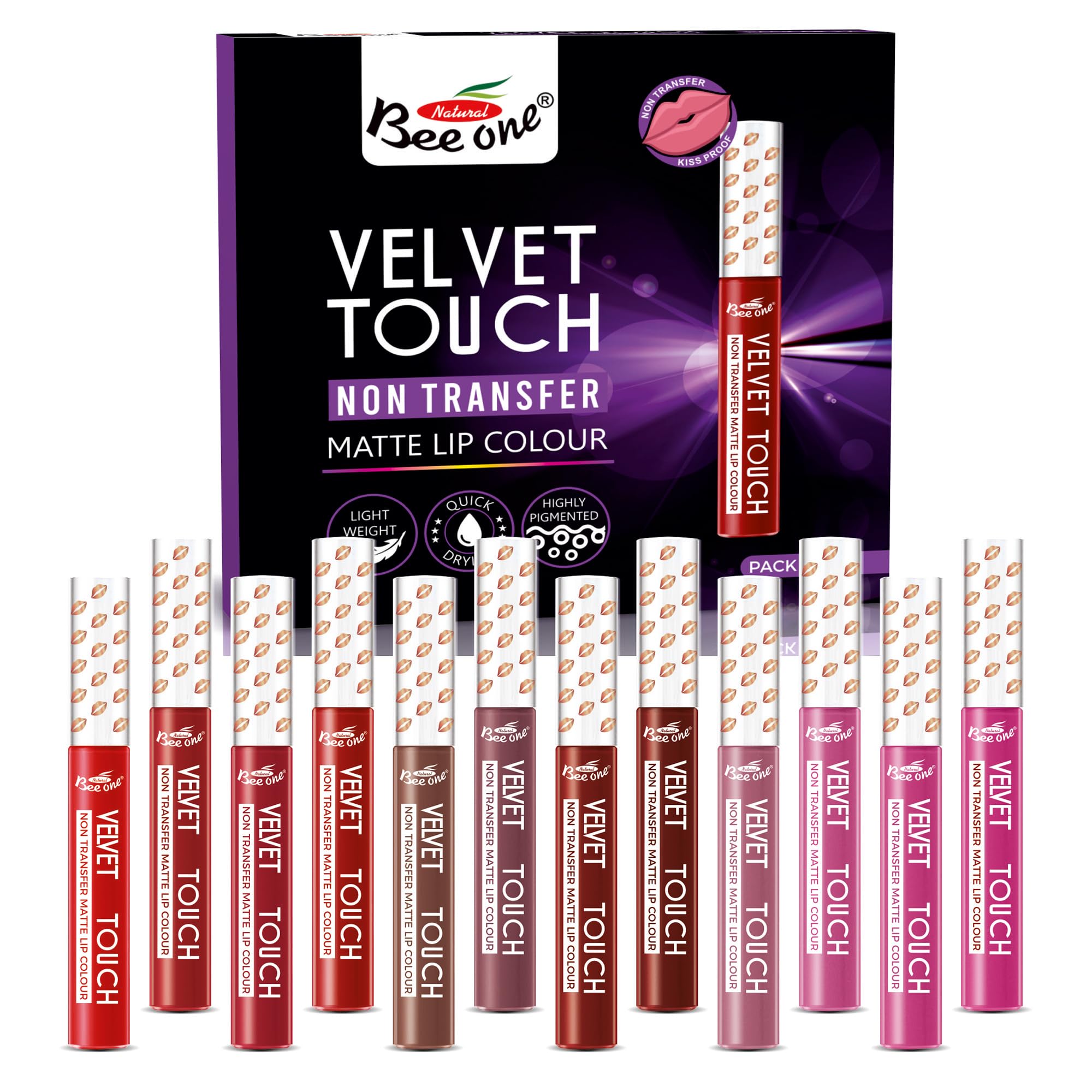 Bee One Velvet Touch Non Transfer Matte Liquid Lipstick Lip Colour | Pack of 12 | High Colour Payoff | 12 Hour Stay | Waterproof | Smudge Proof | Full size Lipsticks