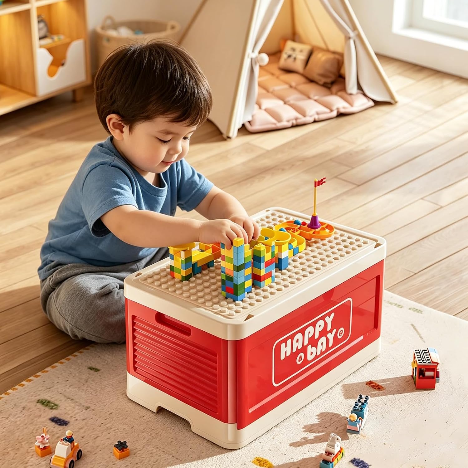 Stackable Toy Storage Box for Lego,with Building Baseplate Lid & Quiet Wheels, 23QT Kids Organizer for Building Blocks, Arts Crafts, Portable Play Table with Storage (Red)