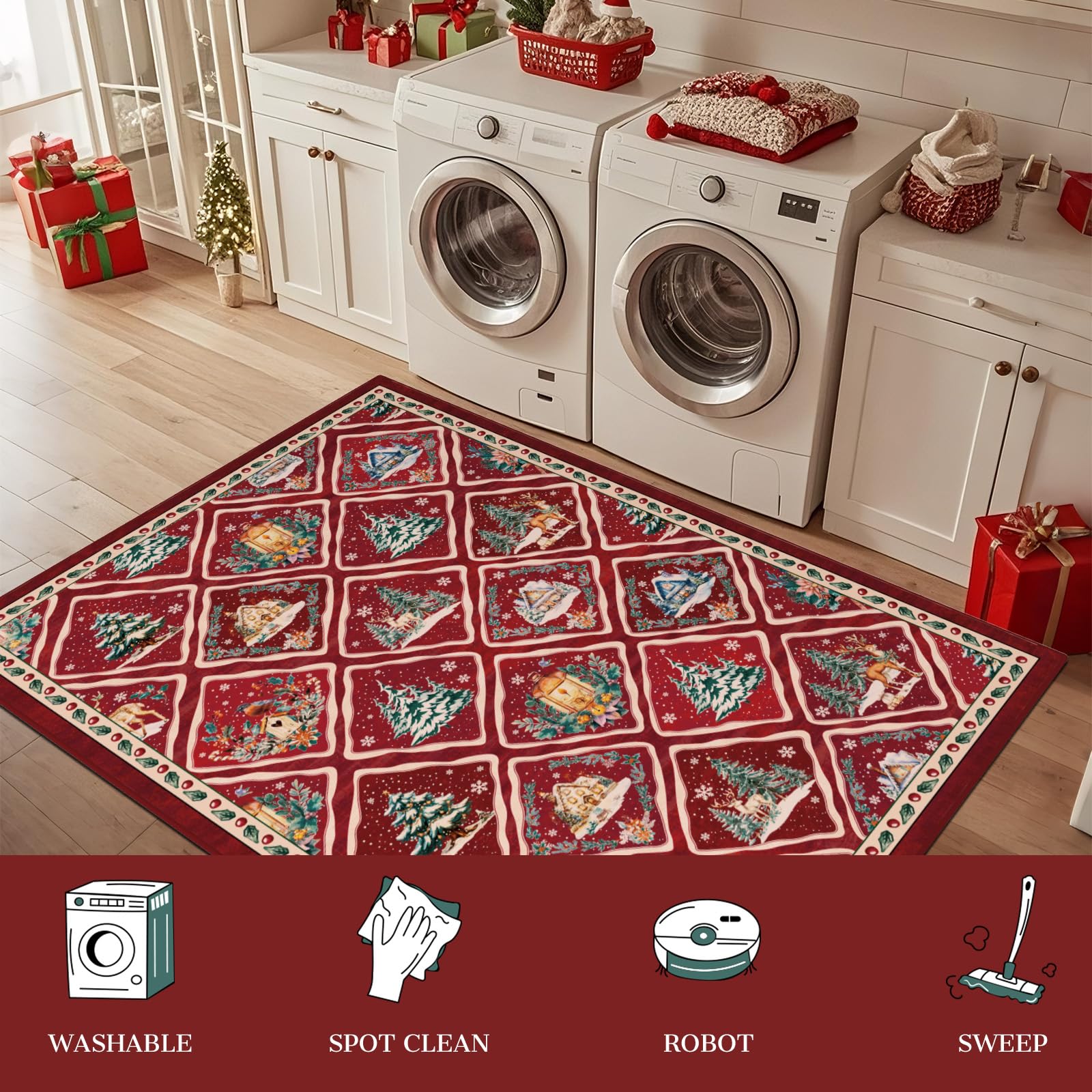 Tapis de Noël pour salon, 120 x 180 cm, lavable, rouge, antidérapant, doux, à poils courts, pour salle à manger, chambre d'enfant, bureau, décoration de vacances