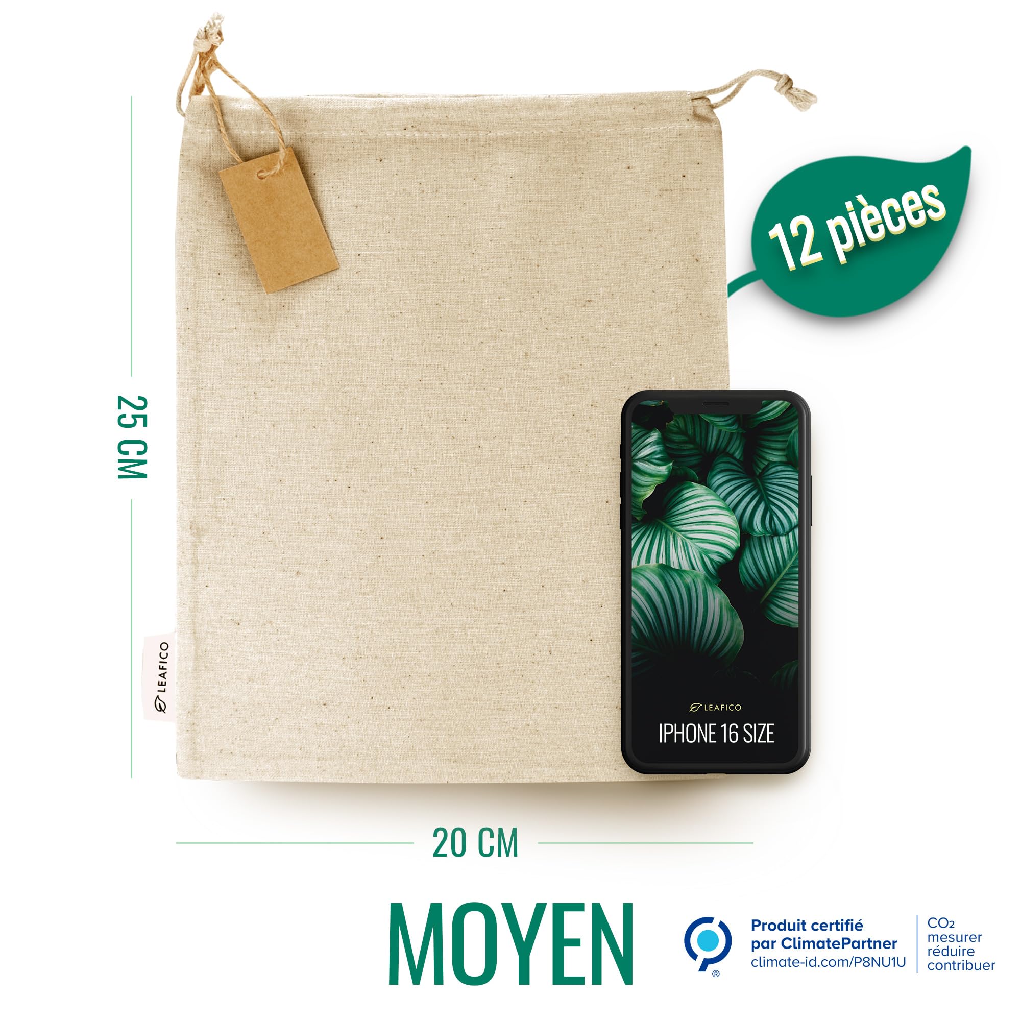 LEAFICO Sacs Réutilisables en Coton Taille Moyen 20x25 cm Lot de 12 avec Cordon