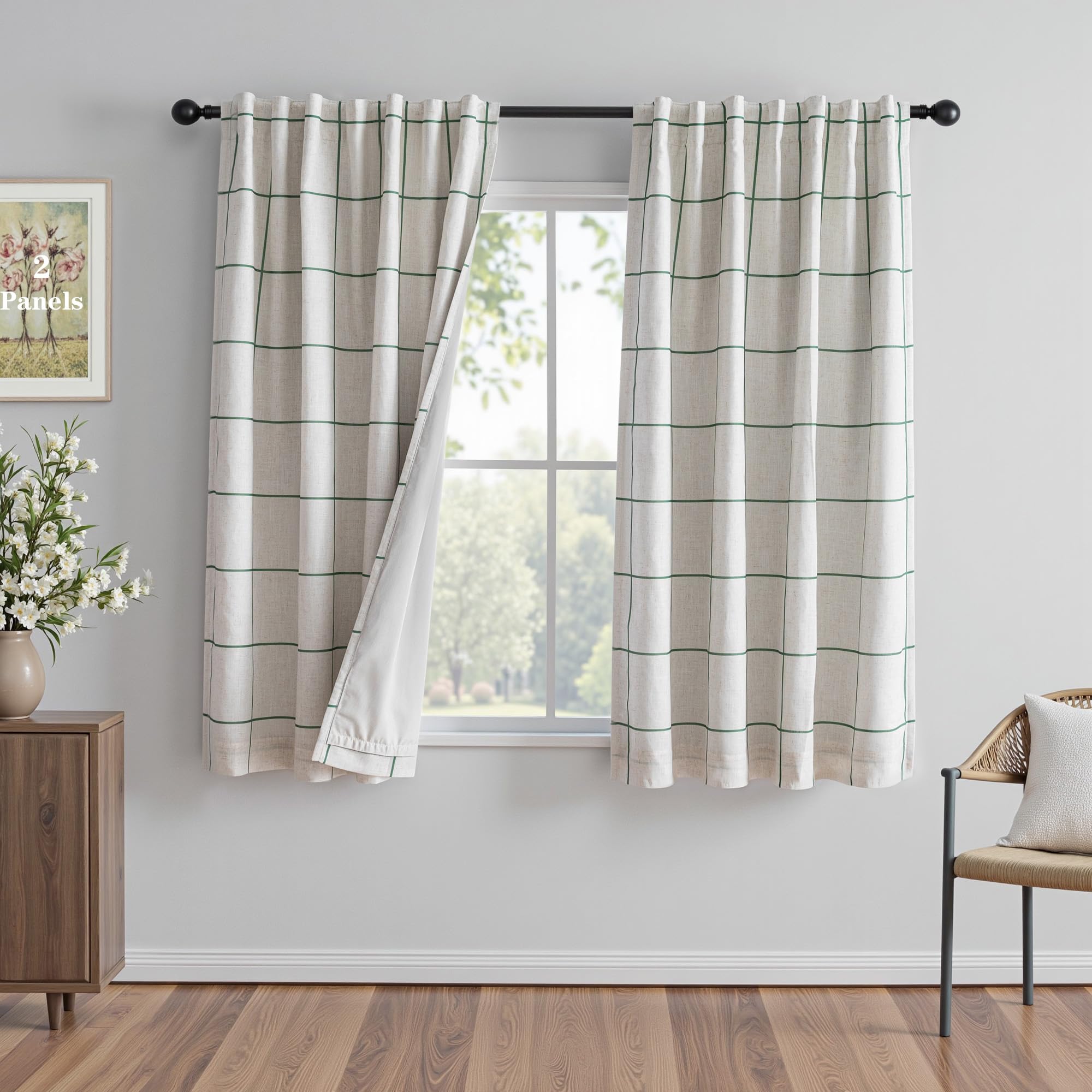 Photo 1 of MYSKY HOME 100% Blackout Plaid Linen Curtains 63 Inches Long Double Layer Farmhouse Thermal Insulated Checkered Print Drapes with Rod Pocket Back Tab for Bedroom Living Room, 2 Panels, 52"Wide, Green