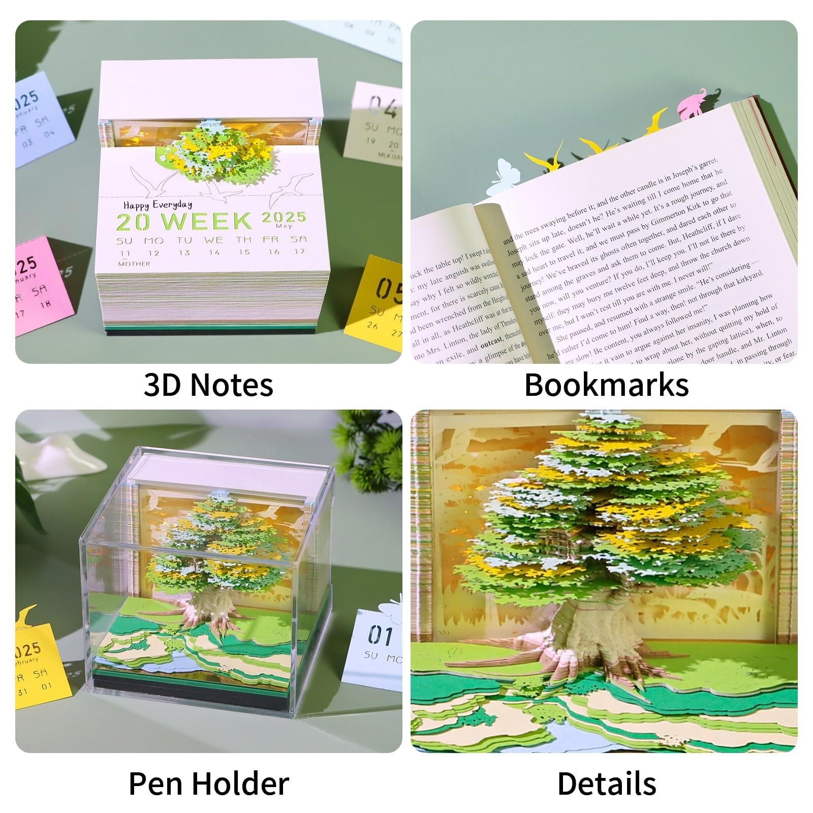 Inspirierender Tischkalender Kalender 2026, Schreibtisch-Notizblock mit 3D-Katzenmotiv aus Papier, Geschenkidee Geschenke für Kollegen(Tree-F,Without Light)