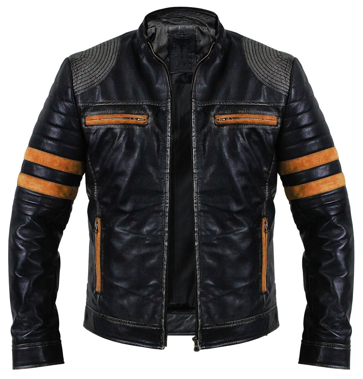 Fashion_First Vintage Distressed Biker Quilted Cafe Racer Retro Striped Leather Jacket
