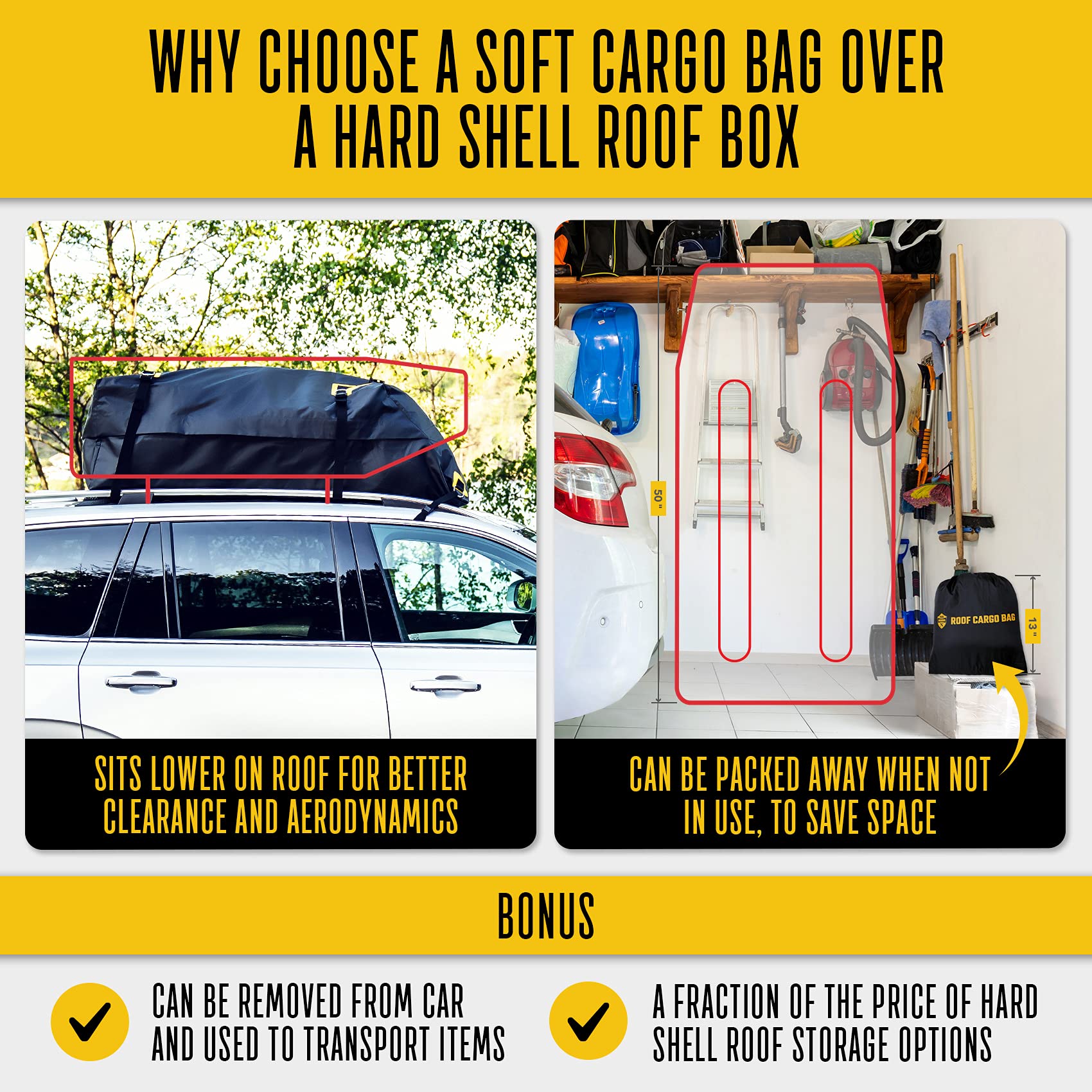 Roof Cargo Bag 15 or 20 Cubic for Cars with or Without Racks Rooftop