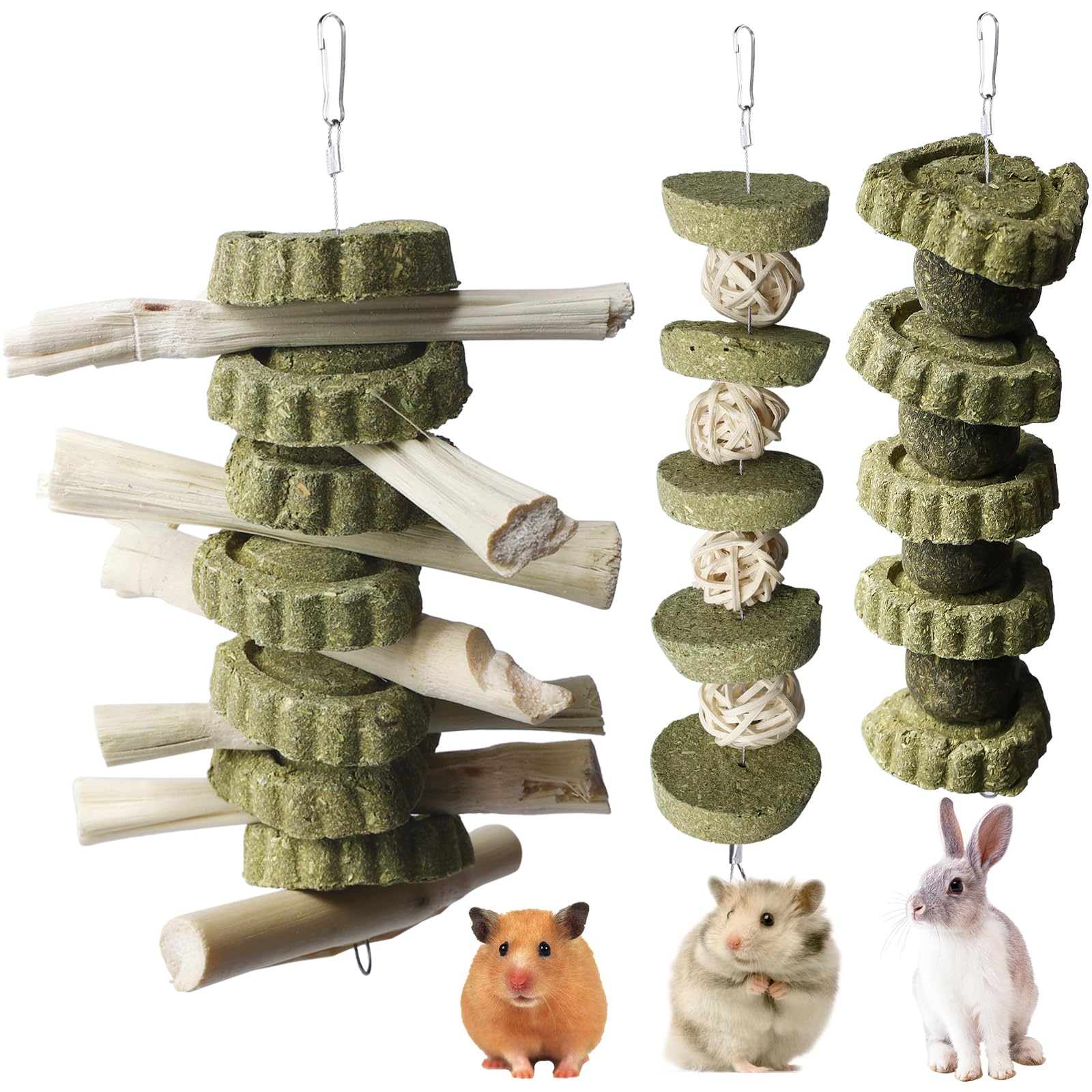 3PCS Bunny Chew Toys, Rabbits Cage Hanging Chew Toys and Treats, Apple Wood Sticks Natural Grass Cake, Teeth Grinding Toy for Bunny Hamster Parrot Chinchillas Guinea Pig Gerbils Rats Chewing Playing