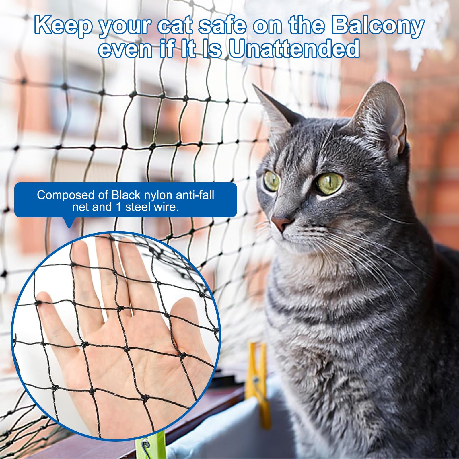 Filet pour Chat Haut de Gamme pour Balcon, Amélioré 4x3m Filet de Protection Chat, Résistant Aux Morsures Et à La Déchirure, pour Sécuriser Les Balcons, Terrasses, Fenêtres, Portes